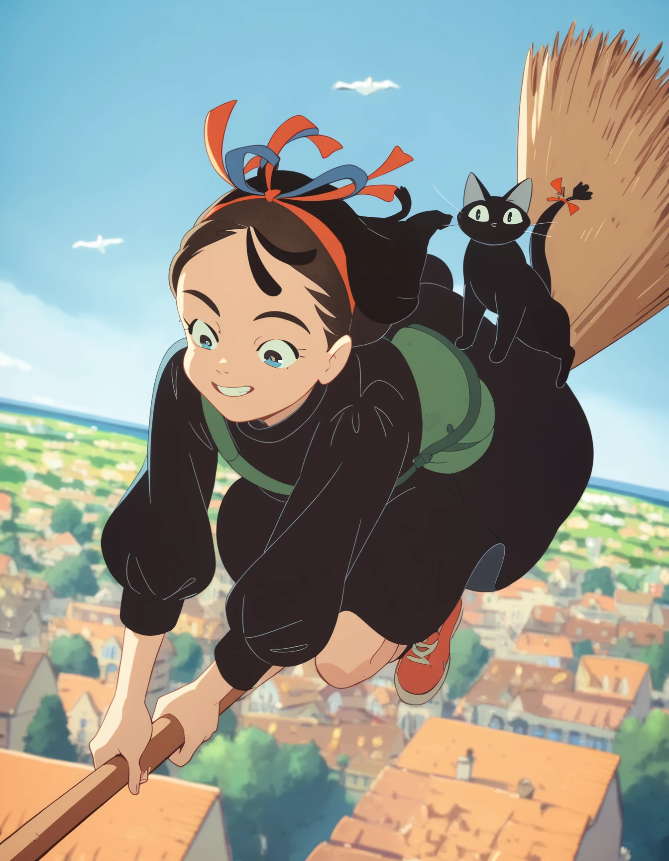 score_9,  score_8_up, score_7_up, source_anime, <lora:kikimac-ponyxl-000009:0.9> 1girl, solo, kikimac, hair ribbon, black dress, dress,
smile, blue sky, cat, broom riding, flying