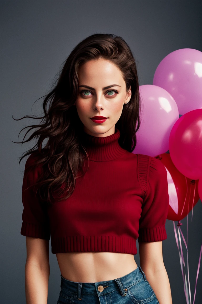 kayascod:0.99, ((red lipstick, blush)), ((detailed eyes, beautiful eyes, detailed face, beautiful face):1.2), cowboy shot, waist, hips, thighs, ,photo of a woman, ,fashion portrait photo of a woman from the 60s wearing a red turtleneck standing in the middle of a ton of balloons, taken on a hasselblad medium format camera