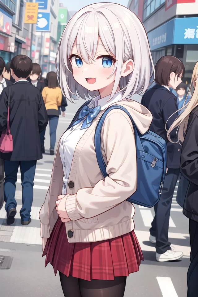 insanely detailed, absurdres, ultra-highres, ultra-detailed, best quality,
1girl, solo, nice hands, perfect hands
BREAK
(School Uniforms:1.2), (pink cardigan is fit body:1.4), ((do up a buttons, not loose):1.5), ((long sleeve, sleeves past wrists):1.2), (inner wear is white collared-shirt:1.3), (red plaid-pattern bow:1.3), (red plaid-pattern pleated skirt:1.3), ((dark-brown pantyhose, loafers):1.2)
BREAK
(nsfw:-1.5)
BREAK
happy smile, laugh, open mouth
BREAK
from side,
standing, cowboy shot, looking at viewer
BREAK
slender, kawaii, perfect symmetrical face, ultra cute girl, ultra cute face, ultra detailed eyes, ultra detailed hair, ultra cute, ultra beautiful
BREAK
shibuya, akihabara, tokyo, street, crowd, cityscape, depth of field, ultra detailed background
BREAK
medium breasts
BREAK
grey hair, blue eyes, bob with bangs, hair between eyes