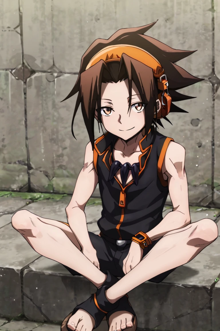 score_9,score_8_up,score_7_up,source_anime,1boy,solo,looking at viewer, Asakura Yoh,brown hair, brown eyes,spiked hair,headphonese, Black shirt,sleeveless, shorts, smile, jewelry,necklace, sitting<lora:EMS-403319-EMS:1.000000>