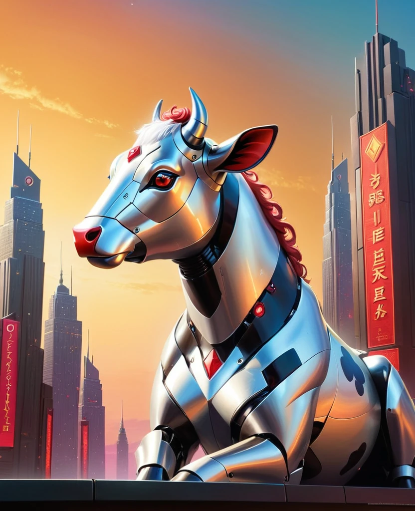 score_9, score_8_up, score_7_up, highres, masterpiece, abstract, art deco, sci-fi, digital art, In a futuristic city, a robotic cow with metallic skin and glowing red eyes gazes intently at the sky. The robot wears an amig500 style taupe and dusty rose cybernetics and gloves, while its tail curls around a small metal object. Its fur is made of shimmering silver material that seems to glow in the dim light. Bokeh, Ultrarealistic, studio lighting, art by Michal Karcz, Rodney Matthews