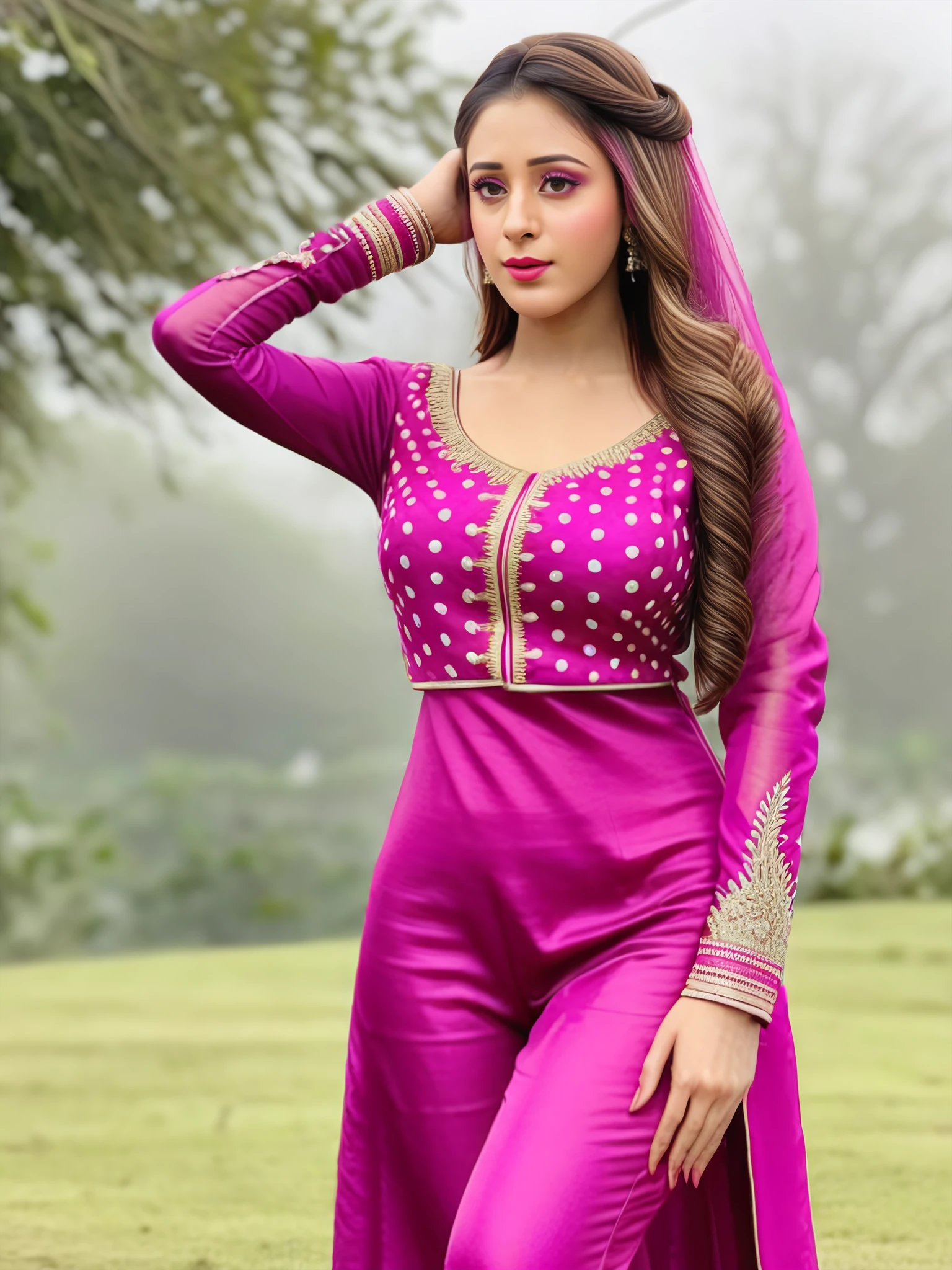 photo of Hiba Nawab woman,  wearing conservative intricate Magenta colored clothing, full body, dynamic pose with hands behind head, , , looking at the camera, lipstick, soft lighting, outdoors in bokeh <lora:Hiba_Nawab_SDXL_LoRA_adafactor:1>