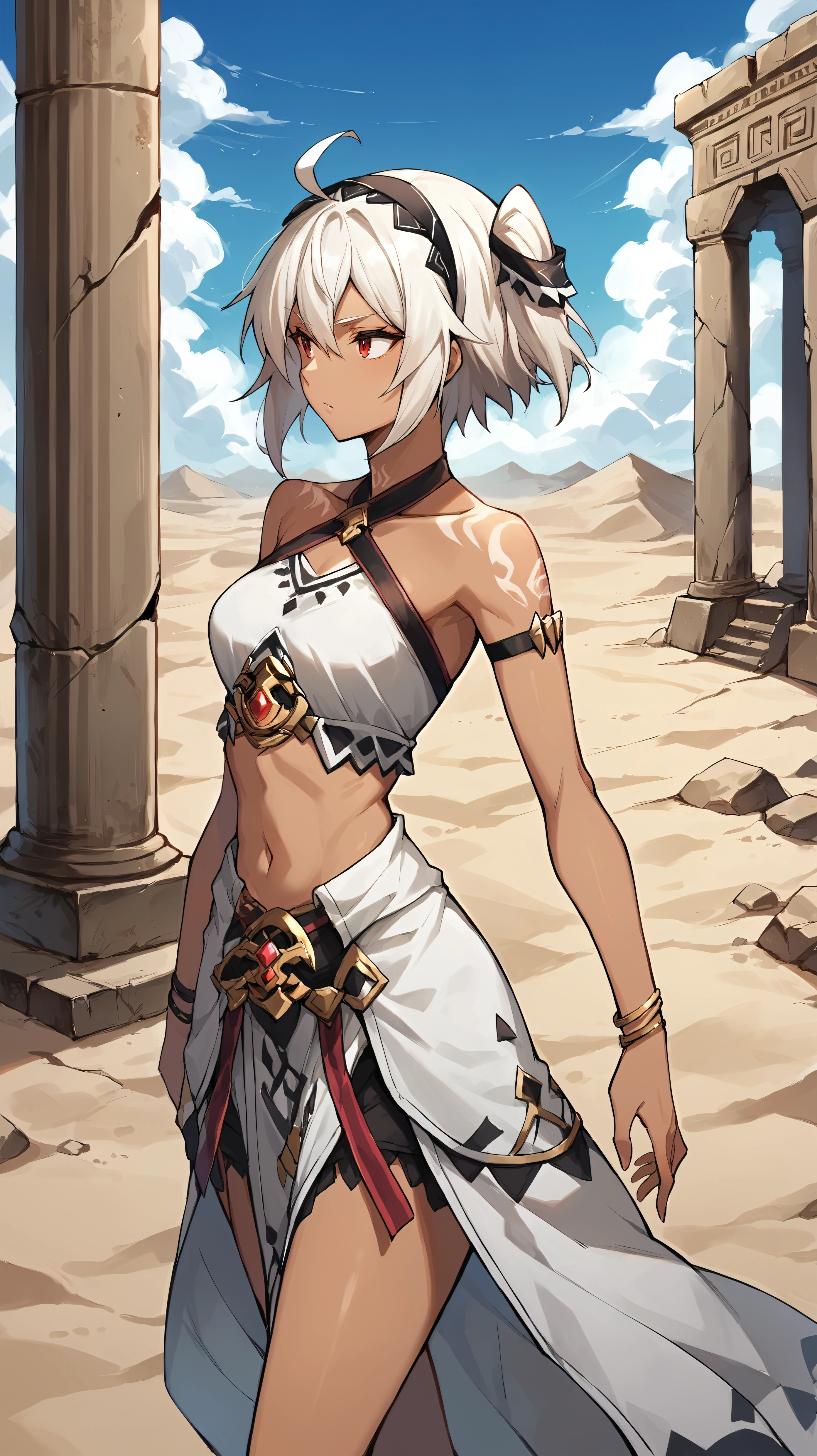 score_9,score_8_up,score_7_up,score_6_up, source_anime, zPDXL, <lora:xl_more_art-full_v1:0.5>, girl, dynamic pose,  <lora:Myne - Pony:0.7>, dark skin, white tattoo, white dress, gold trim, halterneck, navel, bare shoulders, short white hair, side ponytail, red eyes, ahoge, headdress, bracelet, armlet, looking away, desert, sand dunes, sandstorm, ruins, sandstone, pillars,