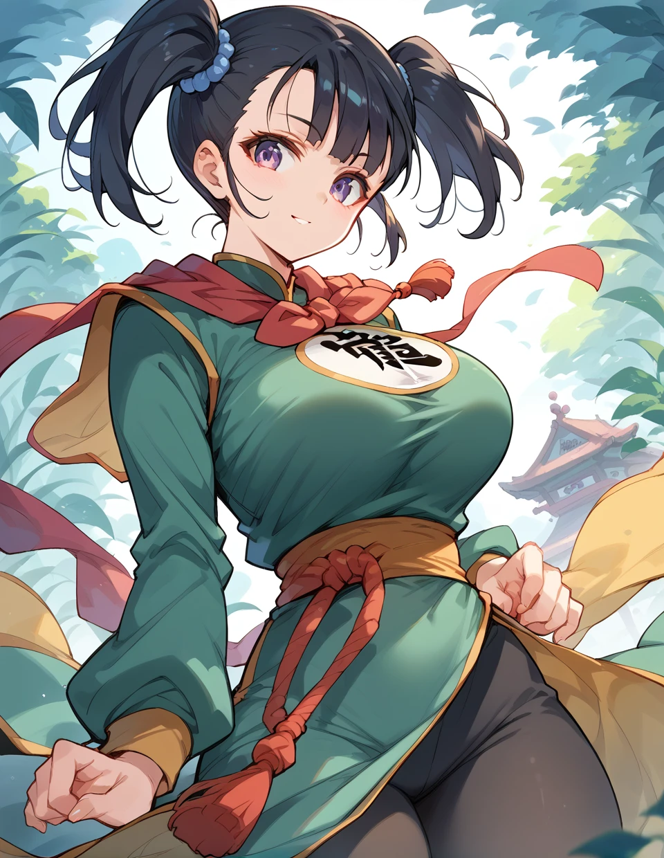 1girls,<lora:fighter(dq3)_pony:1>,fighter(dq3),black hair,short twintails,large breasts,
looking at viewer,chinese clothes,long sleeves, sash, pants, score_9,score_8_up,score_7_up,score_6_up,score_5_up,score_4_up,