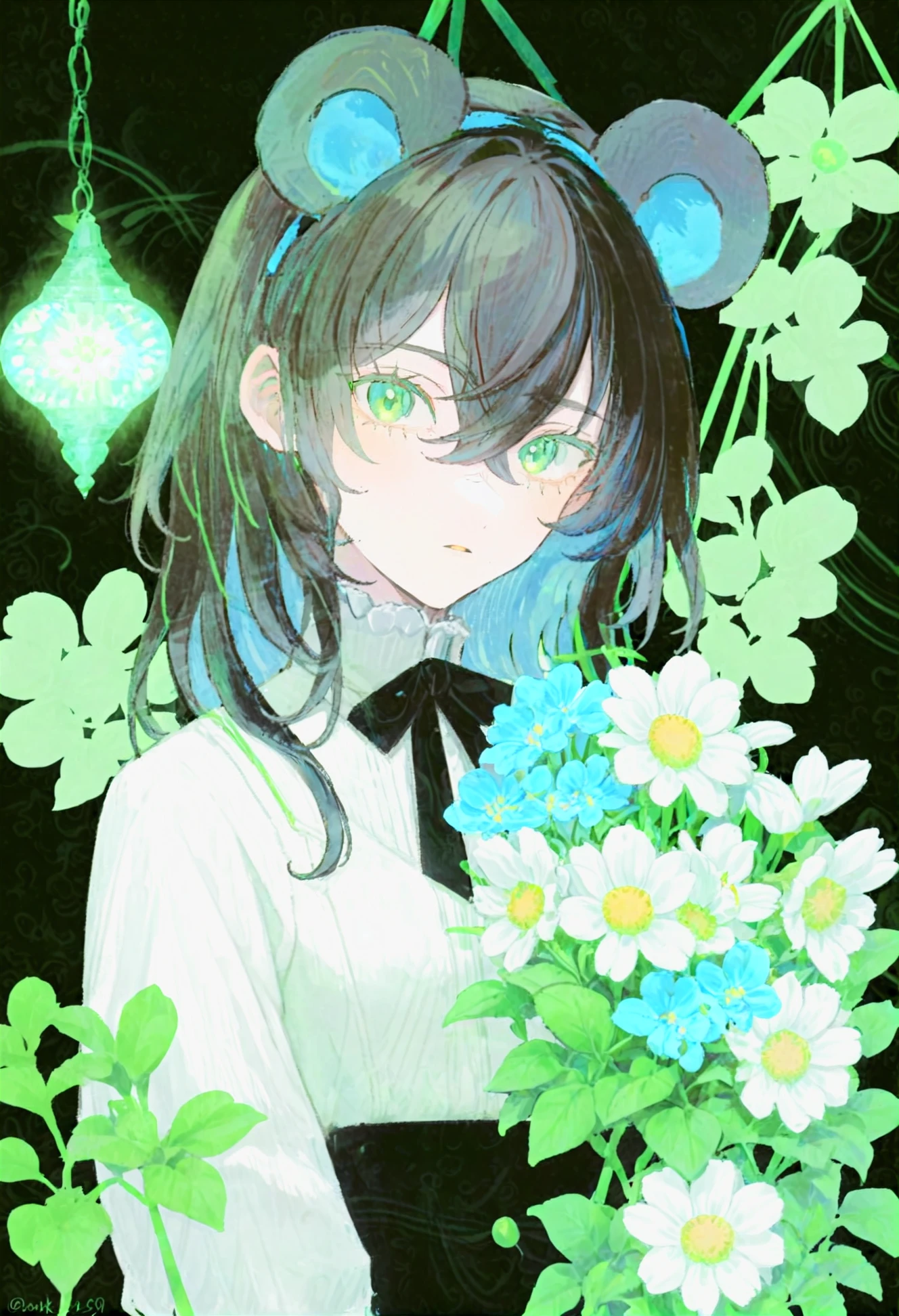 1girl,
flower, black hair, solo, holding, green eyes, upper body, blue flower, mouse ears, blush, animal ears, looking at viewer, shirt, black background, holding flower, parted lips, hanging plant, crossed bangs, sidelocks, hair between eyes, white shirt, long hair, potted plant, short eyebrows, artist name, plant, buttons, fake animal ears, twitter username, green flower, expressionless, daisy,
masterpiece, best quality
<lora:honoXLlokr4f-000174:0.95>