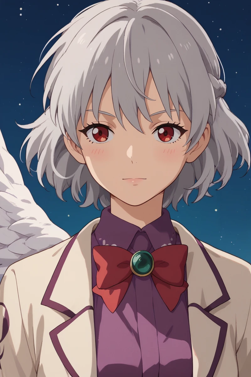 score_9, score_8_up, score_8, score_9, 1 girl,  source_anime, kishin sagume, (single wing), wings, white wings, red eyes, grey hair, purple shirt, purple dress, brooch, [green brooch], jacket, bowtie, red bowtie, red ribbon, long sleeves, <lora:sagume_pony-10:1>, portrait,  <lora:gh1bl1XLP:0.8> gh1bl1, stars