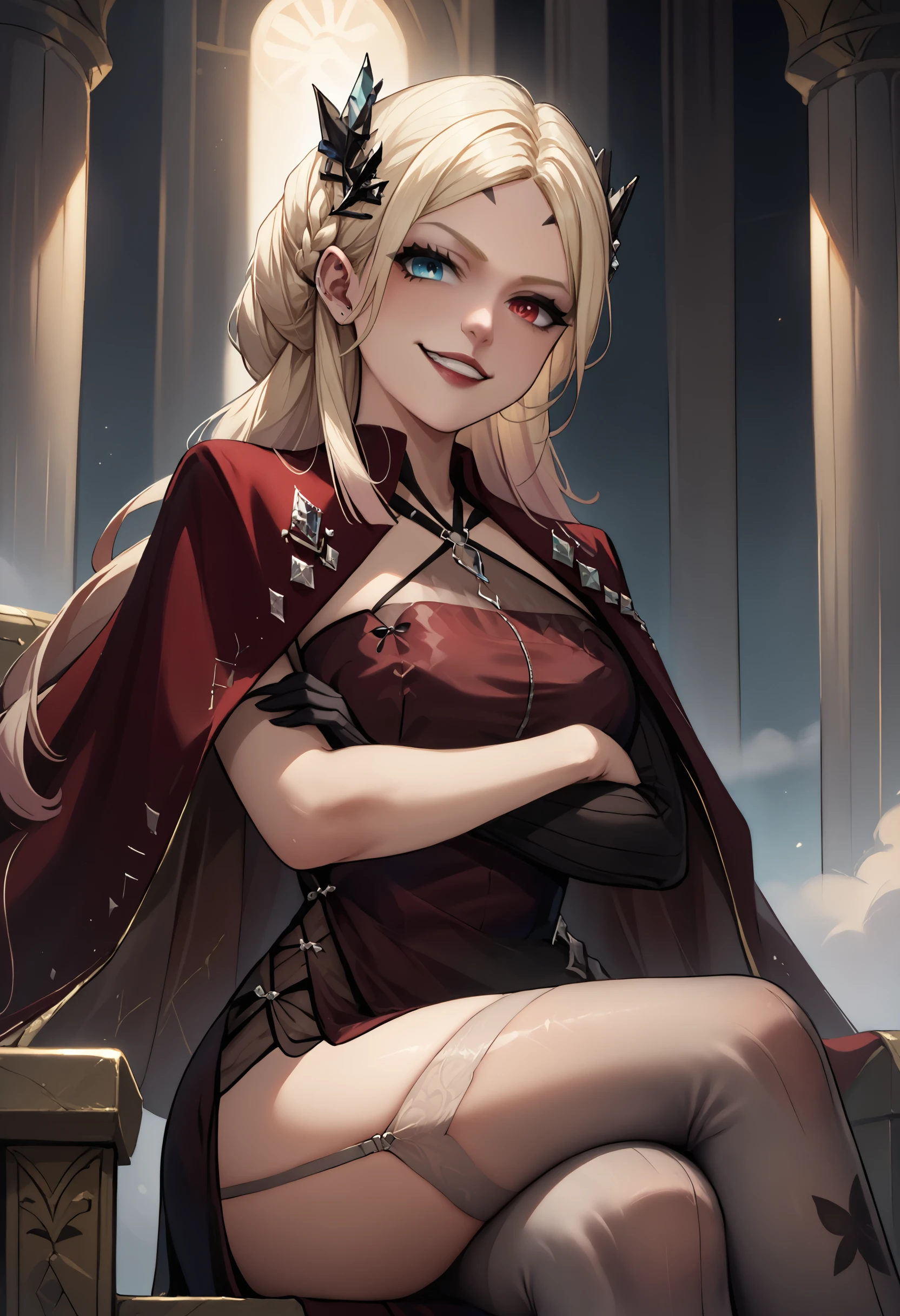 score_9,score_8_up,score_7_up,  <lora:eireneptn-ponyxl-beta4-alt-12:1>, EirenePTN, platinum blonde hair, long hair, braided bun, gradient hair, black hair ornament, forehead mark, makeup, halterneck, sleeveless red dress, see-through, red cape, single elbow glove, black glove, mature female, nose, lips, garter straps, grey thighhighs, thighs, side slit, sitting, throne, indoors, crossed arms, arms under breasts, leaning back, crossed legs, smug, grin, from below, three-quarter portrait, underlighting, hips, looking down at viewer, heterochromia,