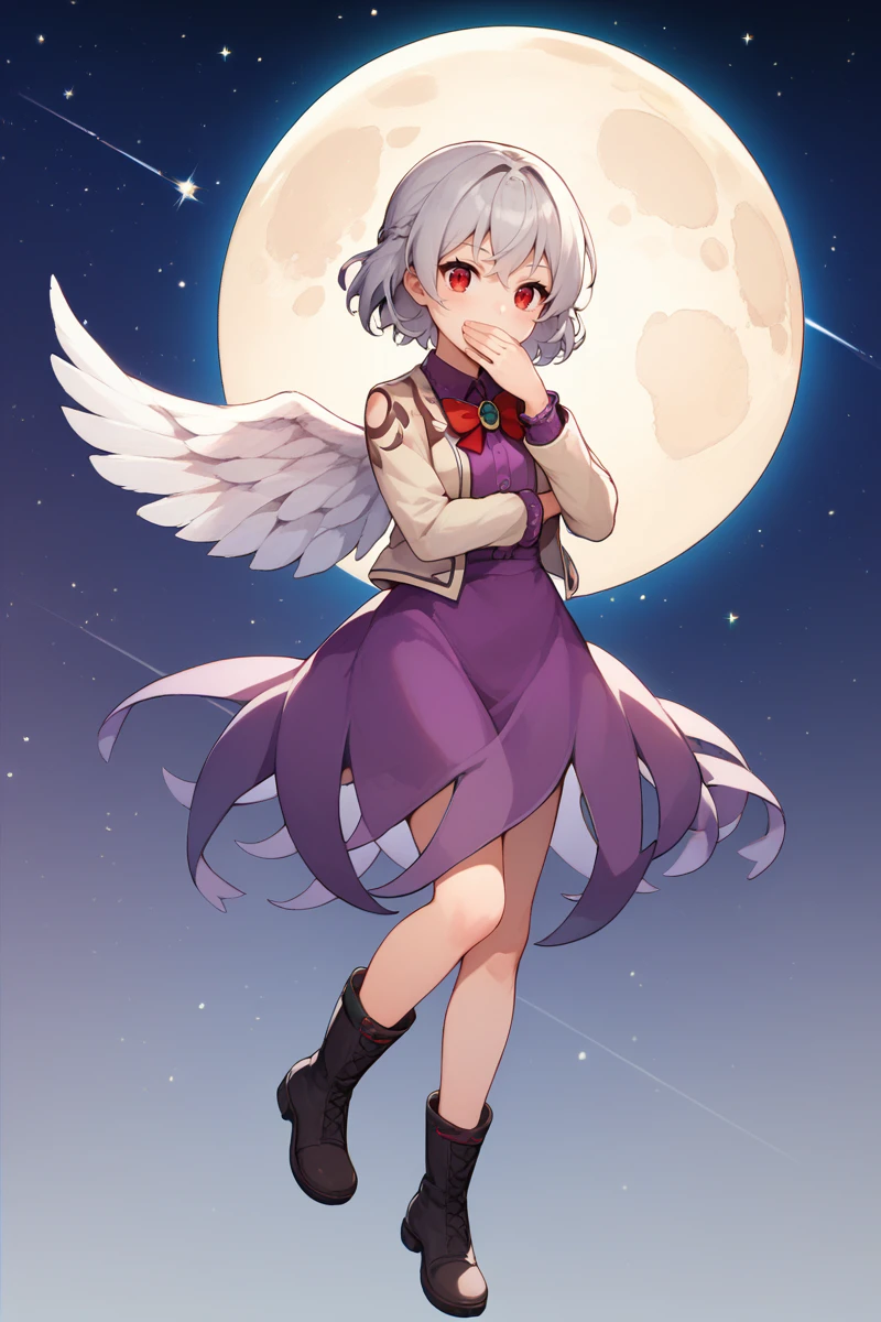 score_9, score_8_up, score_8, score_9, 1 girl,  source_anime, kishin sagume, (single wing), wings, white wings, red eyes, grey hair, purple shirt, purple dress, brooch, [green brooch], jacket, bowtie, red bowtie, red ribbon, long sleeves, [covering own mouth], <lora:sagume_pony-10:1>, detailed background, space, stars, moon, glowing, full body, black boots