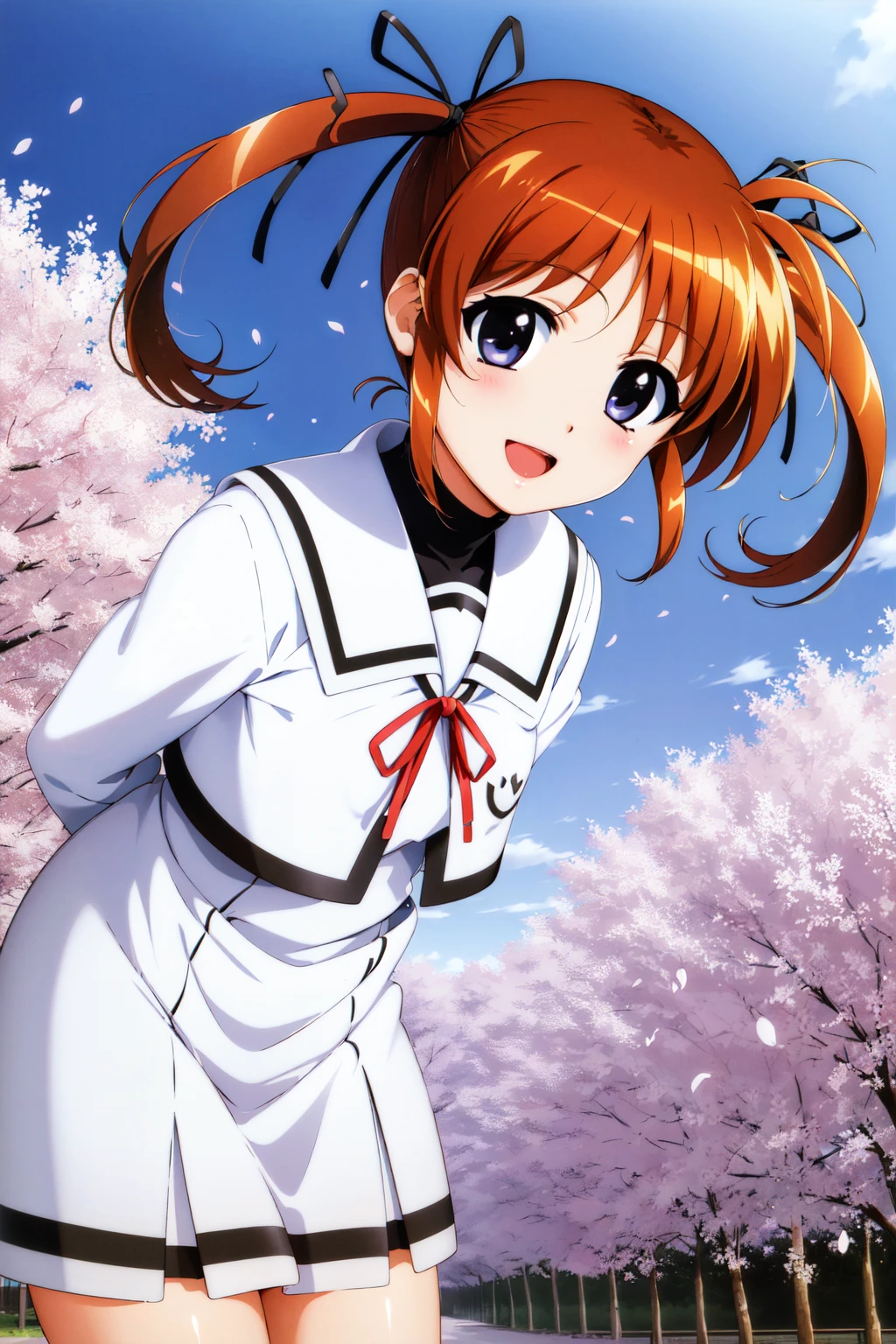 masterpiece, best quality, highres, bbnanoha, short twintails, hair ribbon, small breasts, school uniform, sailor collar, neck ribbon, (white shirt:1.2), sailor dress, long sleeves, white skirt, <lora:takamachi_nanoha_v1:0.7>, smile, open mouth, standing, cowboy shot, leaning forward, bent over, outdoors, cherry blossoms, arms behind back,