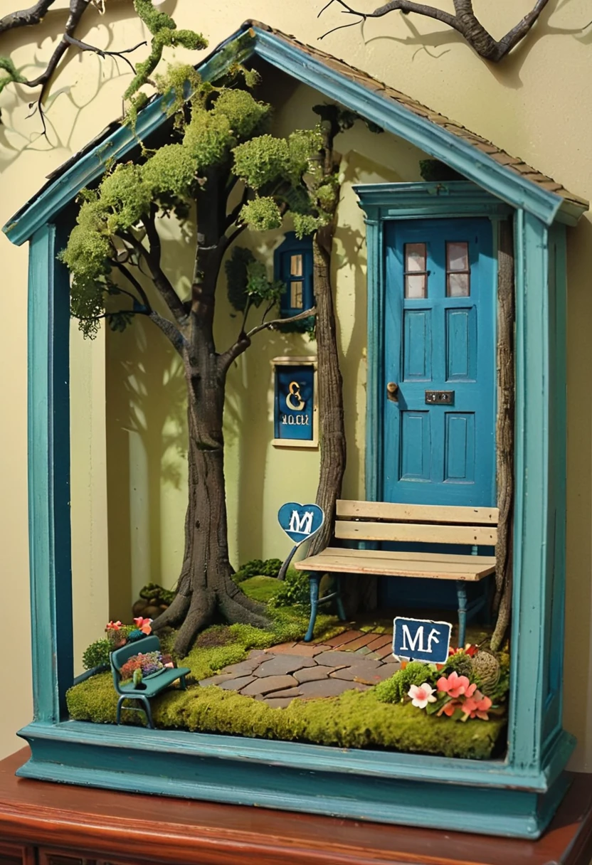 <lora:artfullyDIORAMA_SDXL_V1:1>, artdrm, diorama, blue door, moss, tree, bench, school, shadow box, flowers, school house