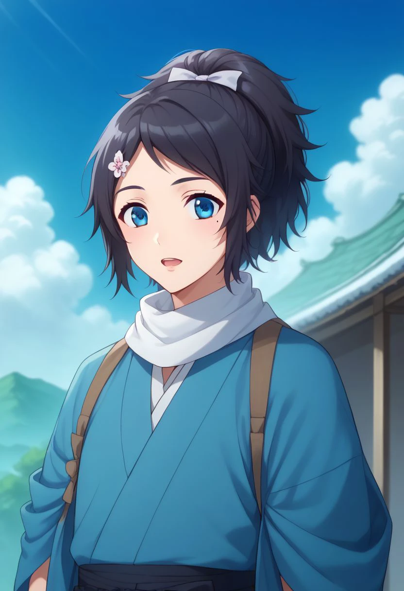 score_9, score_8_up, score_7_up, source_anime, highly detailed, 
yasusada,1boy, male focus, blue eyes, mole, mole under eye, solo, japanese clothes, scarf, hair ornament, sky, haori, black hair, cloud, day, hairclip, ponytail, open mouth,
upper body, blue sky,