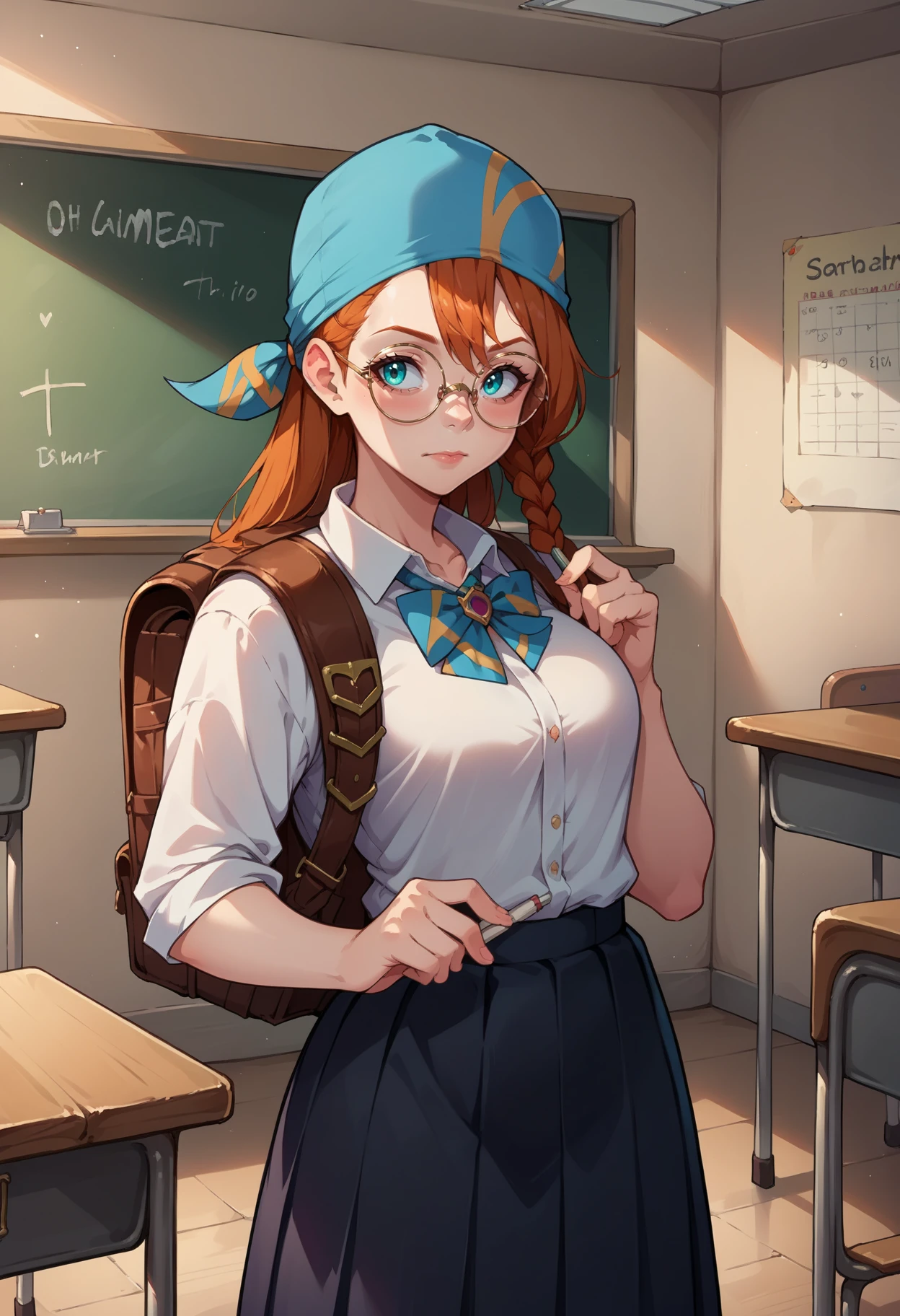 score_9, score_8_up,score_7_up, source_anime, rating_safe, 1girl, solo, <lora:EPmhrMinayle:1>, EPmhrMinayle, orange hair, long hair, braid,side braid, hair between eyes, aqua eyes,  blue bandana, indoors, classroom, white shirt, collared shirt, black skirt, long skirt, ponytail, round eyewear, school uniform, backpack, chalkboard, writing,