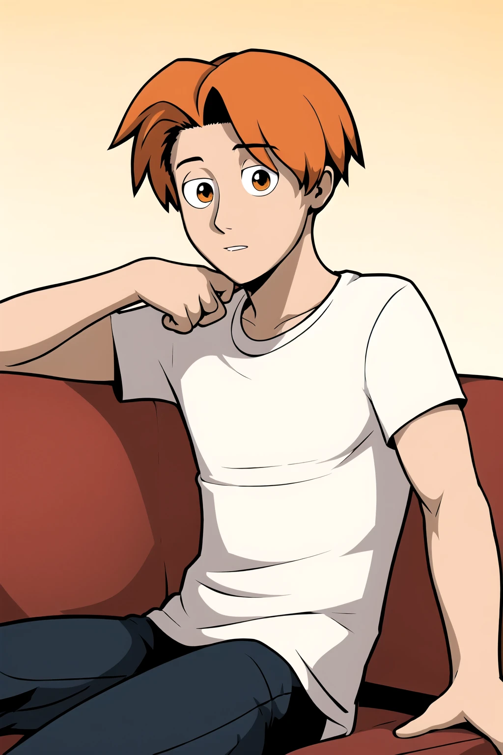 <lora:El Goonish shive V1e4:0.6>, (justin:1.2) orange hair, t-shirt, sitting on couch, gradient background