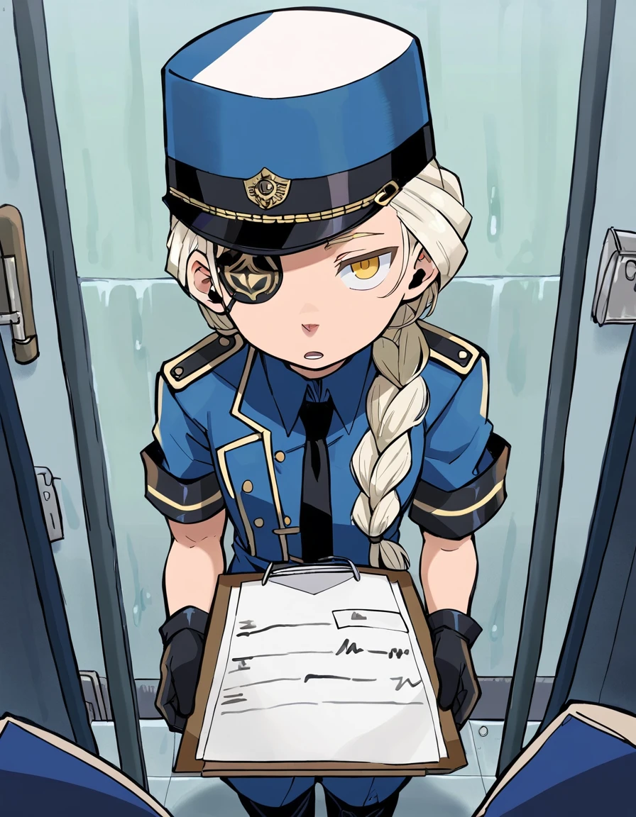 score_9,score_8_up,score_7_up,score_6_up,score_5_up,score_4_up, flat color, braid, yellow eyes, gloves, hat, necktie, black gloves, clipboard, long hair, open mouth, looking at viewer , armband, pen, black necktie, white hair, single braid, blue headwear, blonde hair, holding clipboard,(black eyepatch:1.1), blue military band uniform, from above, pov, indoors, expressionless
<lora:gnsisir_style_pony6_v1-000036:1.2>