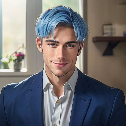 (masterpiece), best quality, expressive eyes, perfect face, 31-year-old handsome white male recovering addict, dark brown hair, thin but muscular frame, dressed professionally, clean shaven, 1boy, light blue hair, short hair, grey eyes, mole underside of left eye