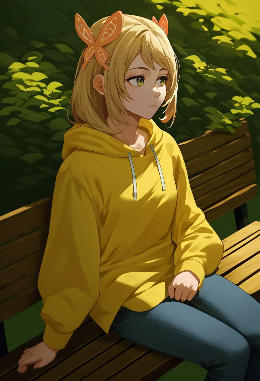 score_9, score_8_up, score_7_up, source_anime, solo, 1girl, feceline, expressionless, looking away, sitting, park bench, butterfly hair ornament, yellow hoodie, jeans, outdoors <lora:fireemblem_celine_ponyXL:1>