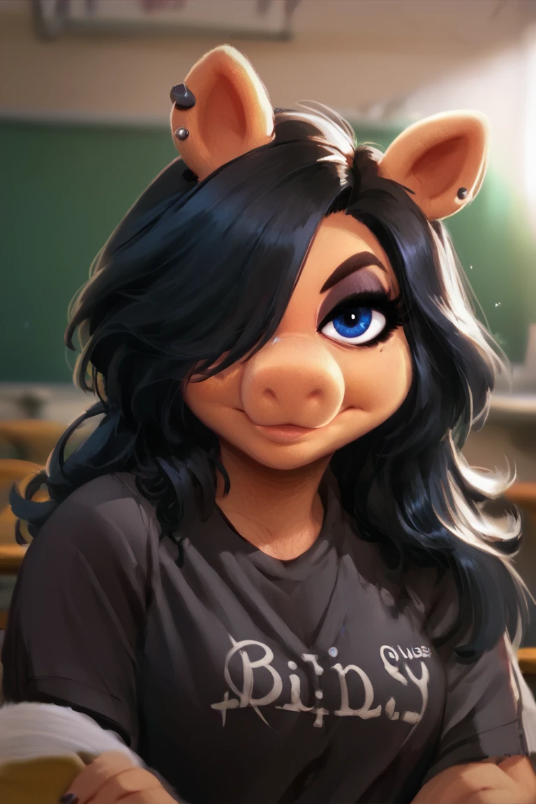 score_9,  score_8_up, score_7_up, score_6_up, 1girl, solo, blue eyes, miss piggy, goth, hair over one eye, closed mouth, long hair, black graphic tee shirt, looking at viewer, upper body
a woman in front of a Classroom, 
<lora:Miss_Piggy_Pony-10:.8> <lora:Raichiyo_Style_v2:1>
