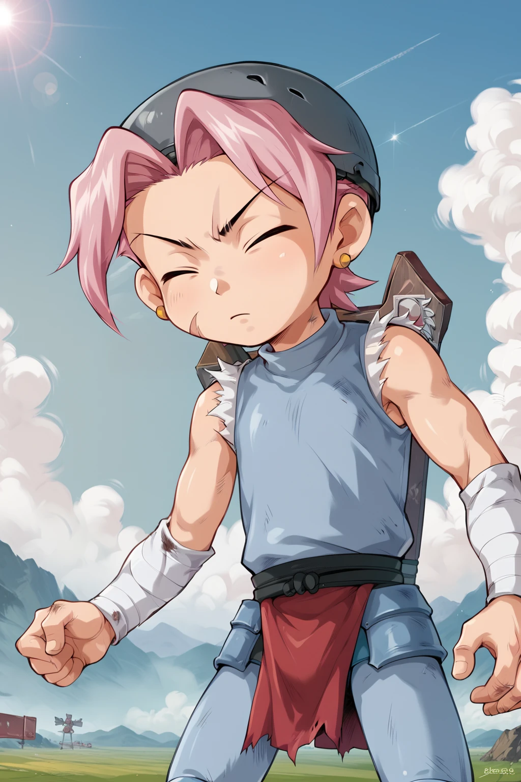 score_9, score_8_up, score_7_up, score_6_up, score_5_up, score_4_up, source_anime, 1boy, cowboy shot, kid, solo, Dodo, scar on cheek, dyed bangs, grey helmet, pink hair, closed eyes, golden earings, sky blue armor, sleeveless, torn sleeves, bandaged arms, (red pelvic curtain:1.1), <lora:Dodopony:0.8>, <lora:Concept Art Eclipse Style LoRA_Pony XL v6:0.6>