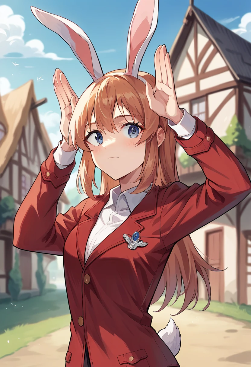 score_9, score_8_up, score_7_up, source_anime, masterpiece, 1girl, ctianshirley, long hair, red uniform, bunny ears, bunny girl, upper body, portrait, rabbit pose, looking at viewer, outdoors, town, <lora:Shirley_Strike_witches_pony_ct-000022:0.8>,