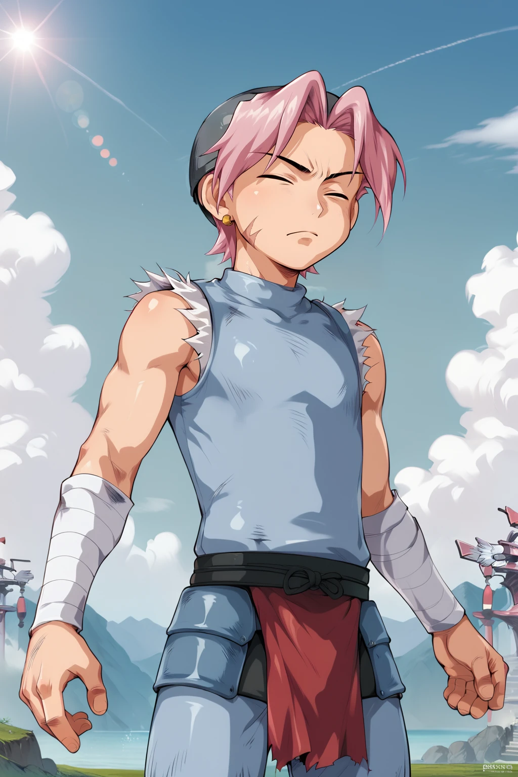 score_9, score_8_up, score_7_up, score_6_up, score_5_up, score_4_up, source_anime, 1boy, cowboy shot, solo, Dodo, scar on cheek, dyed bangs, grey helmet, pink hair, closed eyes, golden earings, sky blue armor, sleeveless, torn sleeves, bandaged arms, (red pelvic curtain:1.1), <lora:Dodopony:0.9>, <lora:Concept Art Eclipse Style LoRA_Pony XL v6:0.6>