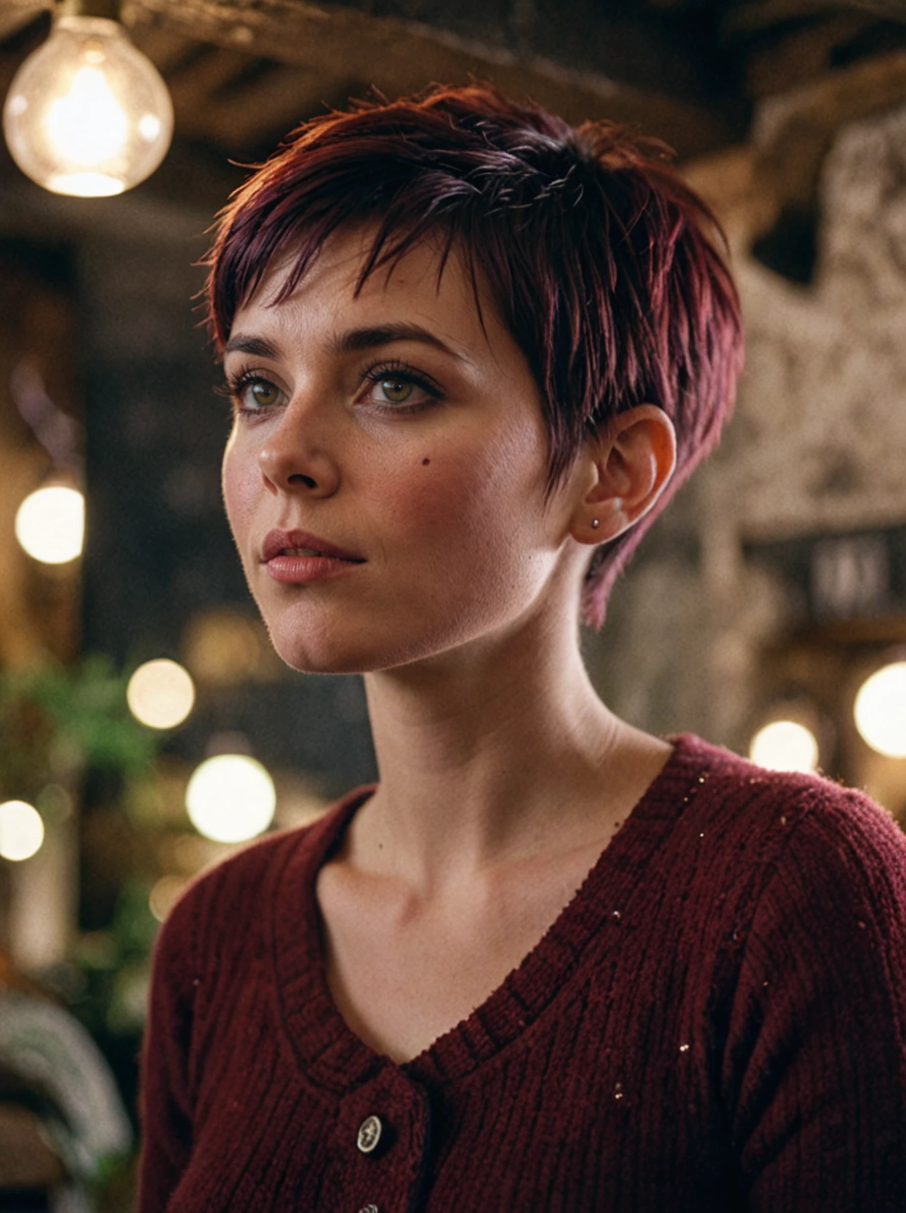 a Surprising woman,Pixie cut,Burgundy,looking up,The Ancient Ram Inn England,bokeh professional 4k highly detailed,Kodak Portra 160,moody lighting