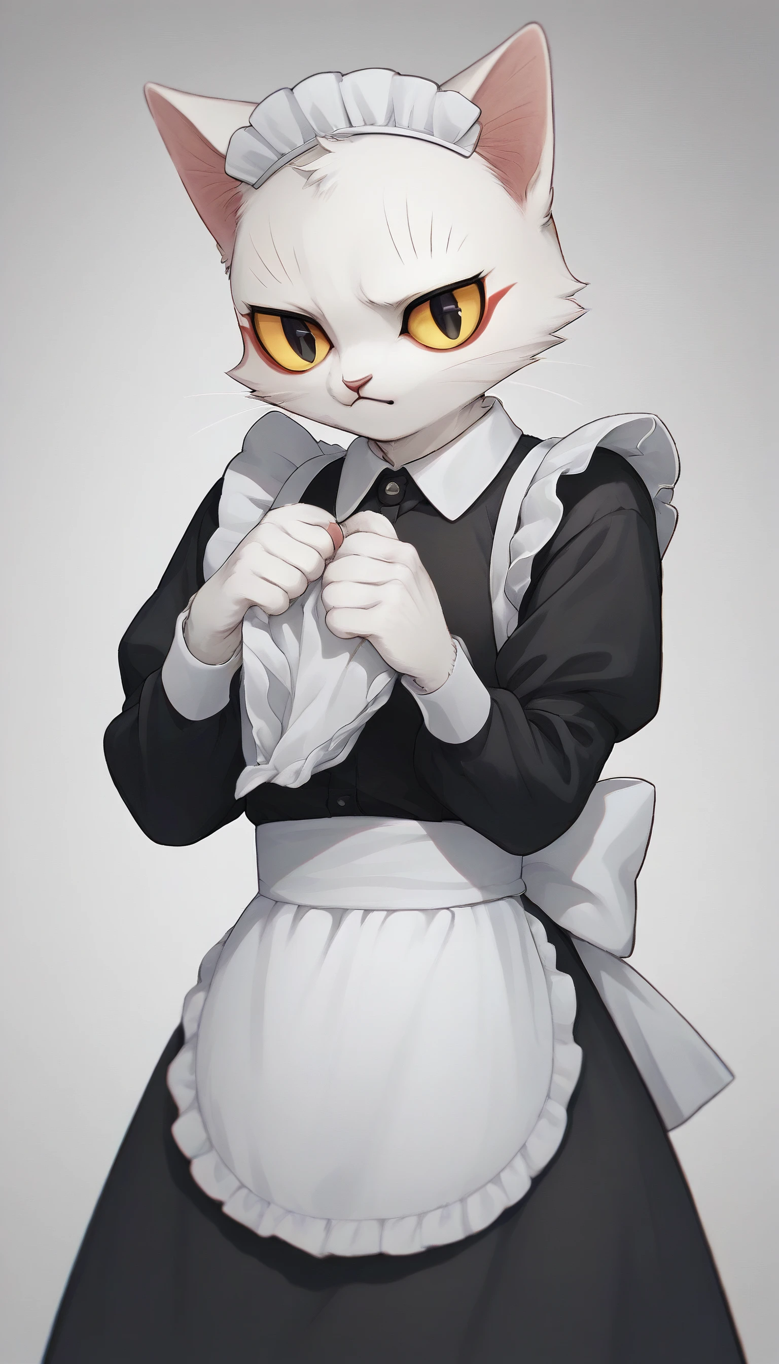 source anime,Score 9,score 8 up,score 7 up,score 6 up,score 5 up,source furry,a white fur furry cat,libing,<lora:shao_qing_xl07:1>,maid uniform,