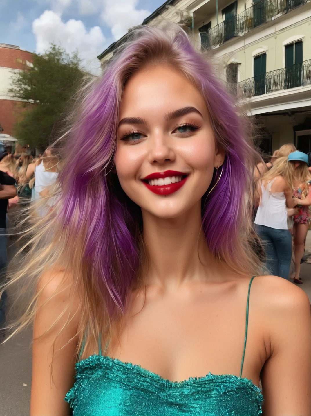 neysasynth, realistic, woman, dancing, in the street, in new orleans, mardi gras, smile, from a distance