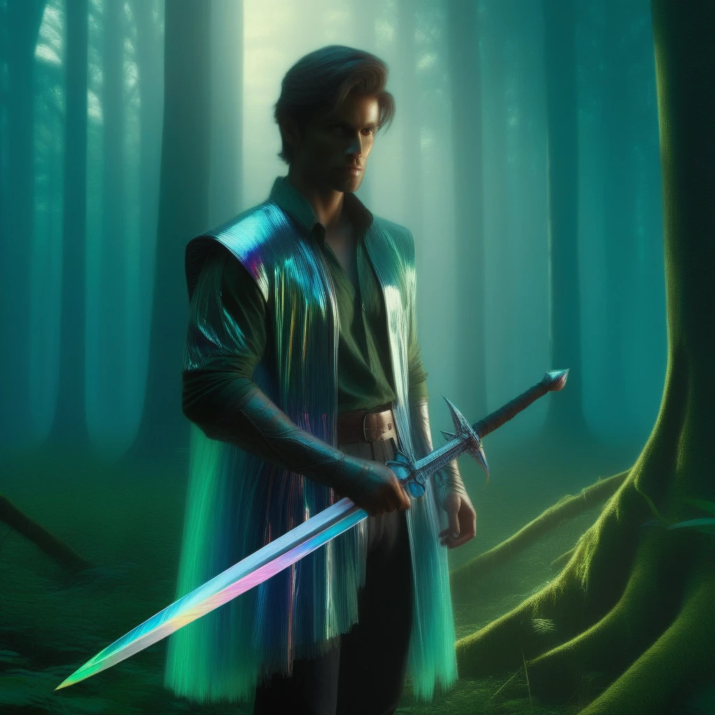 iridescent, a man holding an iridescent sword in a forest, concept art