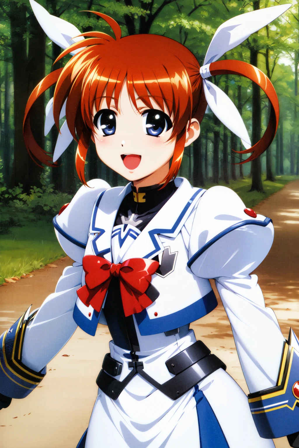 masterpiece, best quality, highres, aananoha, short twintails, hair ribbon, white ribbon, small breasts, magical girl, red bow, white jacket, white dress, puffy sleeves, long sleeves, fingerless gloves, black gloves, long skirt, <lora:takamachi_nanoha_v1:0.7>, smile, outdoors, open mouth, upper body