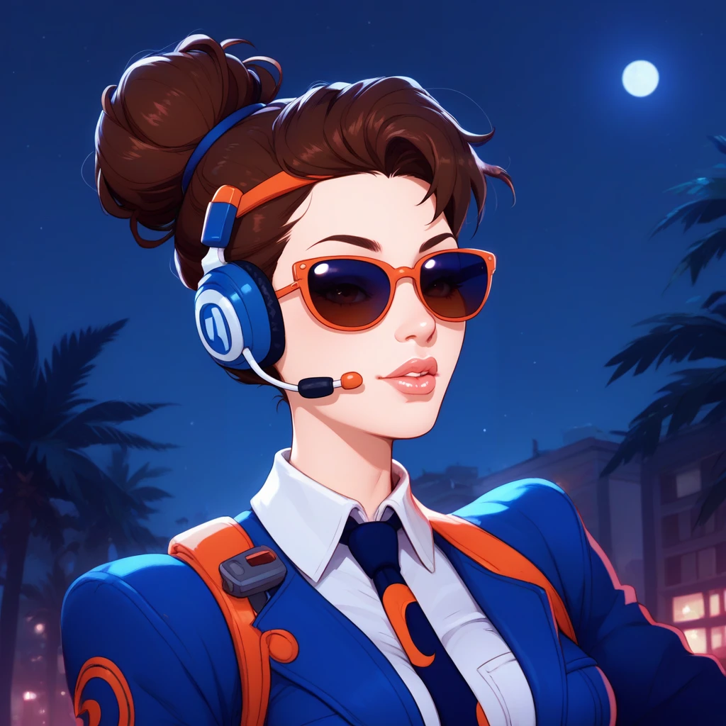 <lora:Betty DeVille - PDXL-step00002000:2.0>Betty_DeVille, 1girl, brown hair,  lips, breasts, 3 piece suit, necktie, sunglasses, night time, hair in bun, headset, bodygaurd, source_cartoon, score_9, score_8_up, score_7_up,