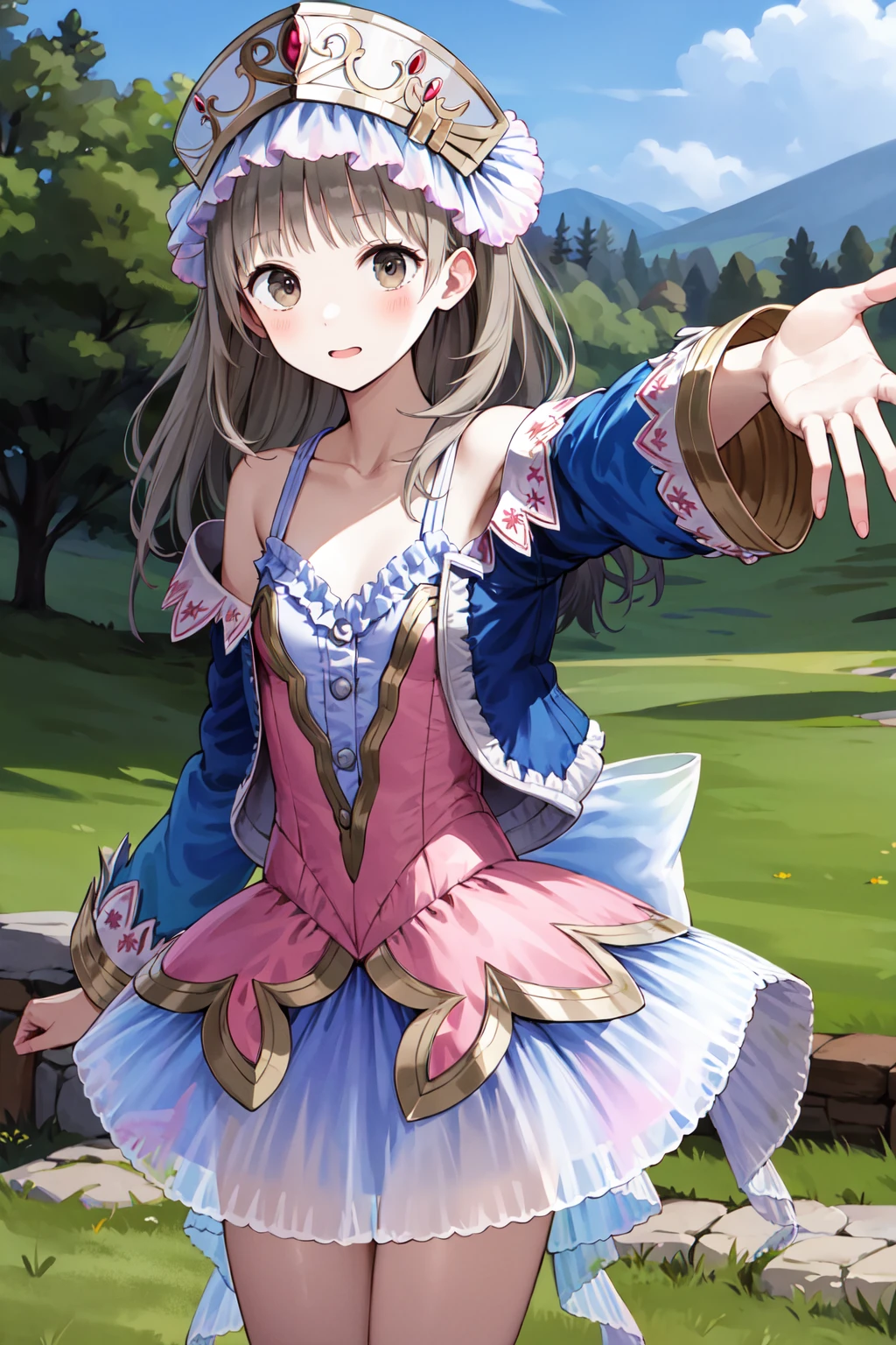 masterpiece, best quality, highres, aatotooria, long hair, hat, headdress, brown eyes, collarbone, bare shoulders, frills, pink dress, blue jacket, open jacket, skirt, <lora:totooria_helmold_v1:0.7>, standing, cowboy shot, reaching out, outdoors