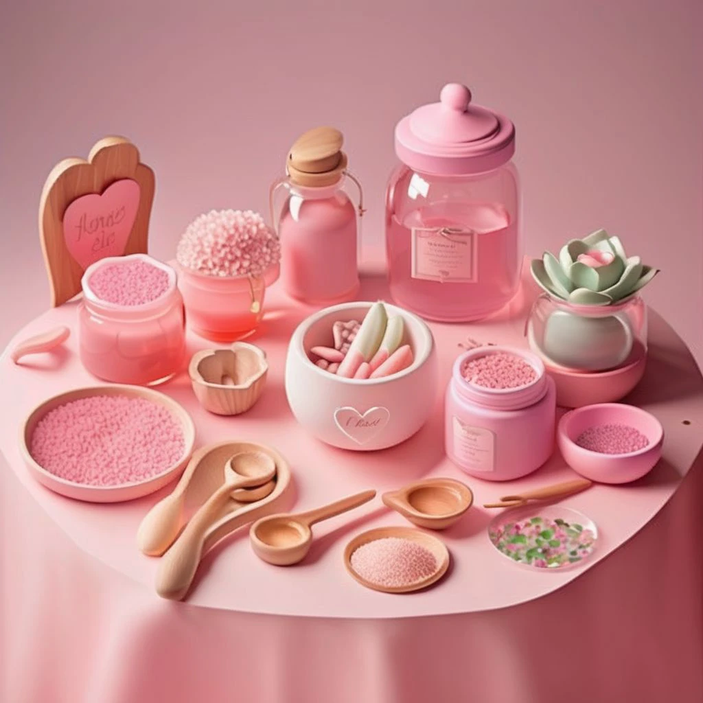 Delightful display, pastel pink table, fresh aloe vera, rose petals, cucumbers, bowls of honey in pastel dishes, pastel glass jars, essential oils, tiny heart-shaped confetti, cute wooden spoons.