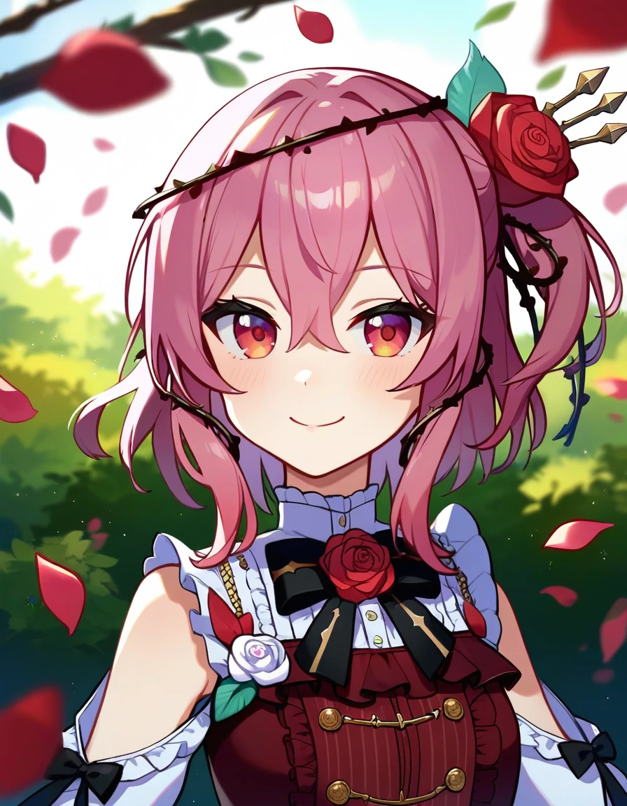 score_9,score_8_up,score_7_up,score_6_up BREAK official art,solo,outdoors,smile,upper body,(portrait:1.5),looking at viewer,facing viewer,Rosemi Lovelock,medium hair,pink hair,one side up,short sidetail,hair ornament,hair flower,red flower,red rose,sidelocks,hair between eyes,bangs,pink eyes,thorns,vines,shoulder cutout,clothing cutout,red dress,black bowtie,black bow,frills,puffy long sleeves,white flower,white rose,small breasts,green pantyhose,loafers,red footwear,<lora:Rosemi Lovelock(vtb)-Pony:1.6>,<lora:Smooth Anime Style LoRA XL:0.8>,