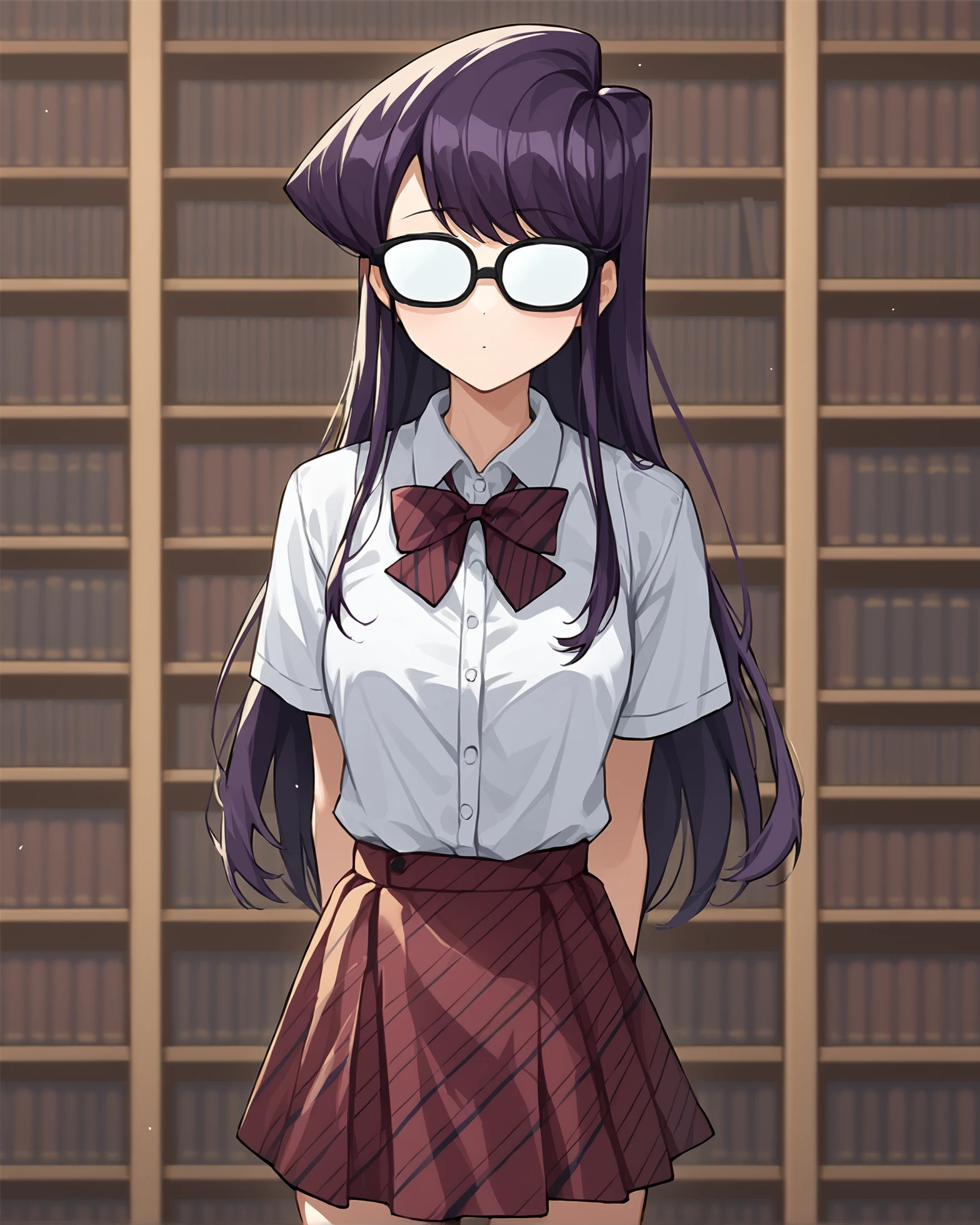 score_9, score_8_up, score_7_up, source_anime BREAK 1girls, Komi Shouko, purple hair, opaque glasses, standing, cowboy shot, library, books, hands behind back, swept bangs, long hair, skirt, <lora:Opaque_glasses_r1:1>, rating_questionable