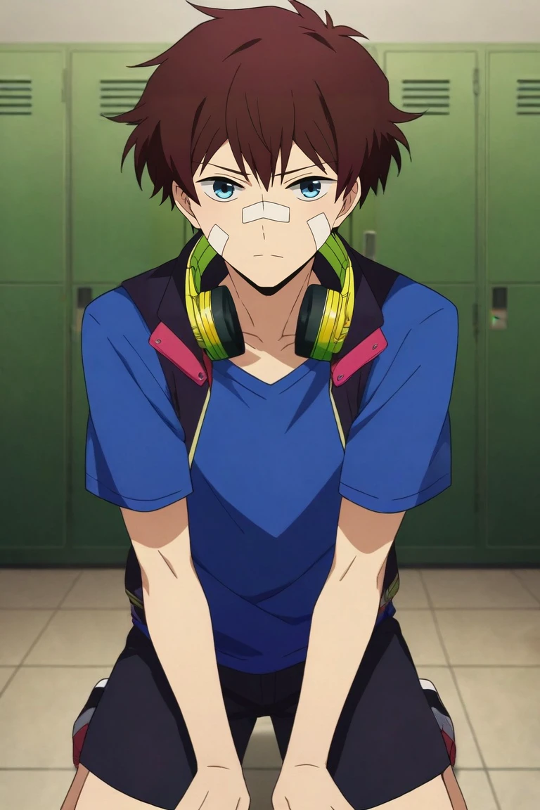 score_9, score_8_up, score_7_up, source_anime, rating_safe, , semi-realistic, looking at viewer, , 1boy, solo, male focus, <lora:nice_hamatora_pony:0.92>, nice_hamatora, brown hair, blue eyes, bandaid on nose, headphones around neck, focused, locker room, day, sunny, kneeling, distracted, aloof, oblivious, , <lora:sdxl_lightning_8step_lora:1>