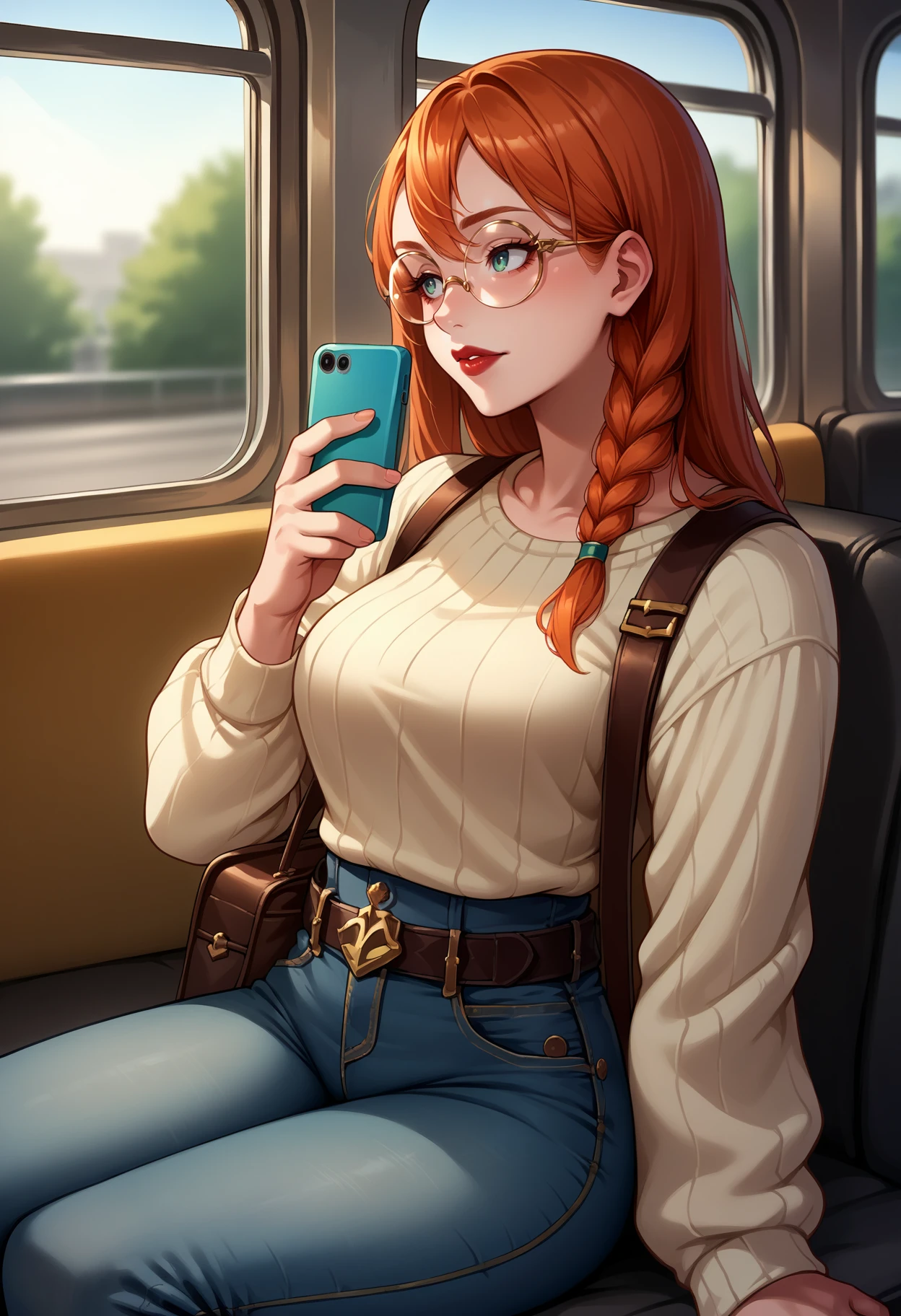 score_9, score_8_up,score_7_up, source_anime, rating_safe, 1girl, solo, <lora:EPmhrMinayle:1>, EPmhrMinayle, orange hair, long hair, braid,side braid, hair between eyes, red lips,  medium breasts, sweater,tight clothing,sitting,subway,looking at phone,high-waist jeans,bag,belt,round-frame glasses