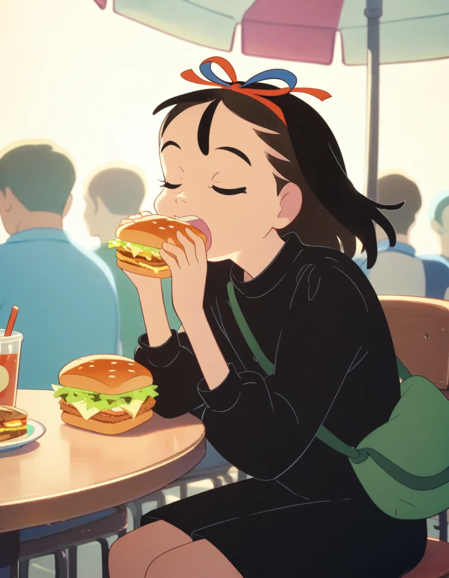 score_9,  score_8_up, score_7_up, source_anime, <lora:kikimac-ponyxl-000009:0.9> 1girl, solo, kikimac, hair ribbon, black dress, dress, sitting,
from side, closed eyes, open mouth, eating, holding food, lettuce, sandwich