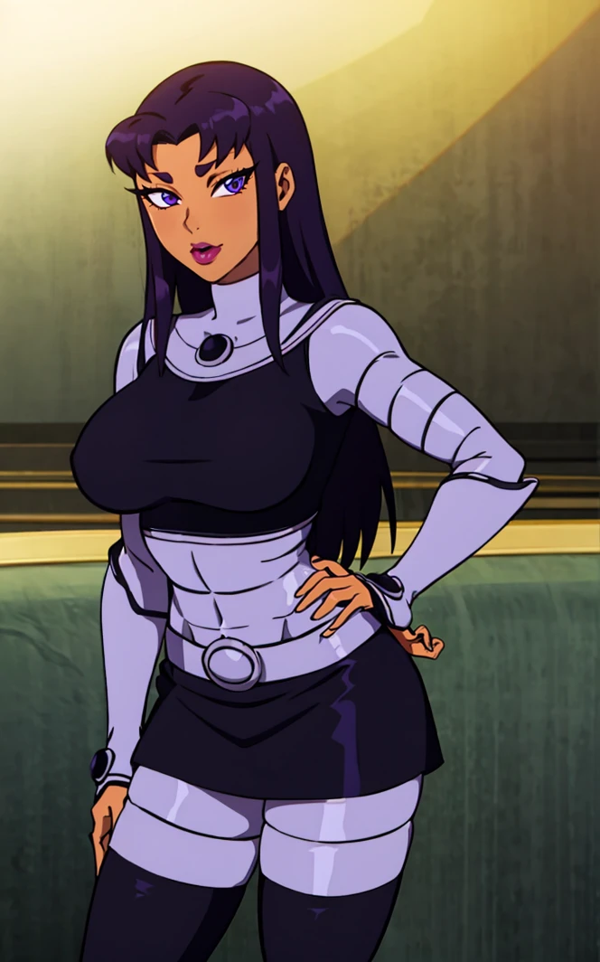 (solo:1.1),(masterpiece), (best quality:1.3),, highly detailed, intricate, professional art, digital art, absurdres, confidant, Blackfire, futanari Blackfire wearing an armored-leotard with armored-pants and armored-thigh-boots posing confidently in night-club,(armored-thigh-boots), (Blackfire silver armored sleeves),(detailed face), 1girl,(sadistic smirk), solo,(slender build),(Long legs:1.1),(broad shoulders), (long sleeves), black hair, (purple eyes colour), (dark tanned skin:1.4), wide hips, (aroused:1.2), (futanari:1.1), (makeup 1:1), (black lipstick:1.3), large penis, (huge crotch bulge:1.3), (Long crotch bulge:1.3), huge testicles, frontal view, universal lighting, small head,(Bubble Butt), gluteal crease,
