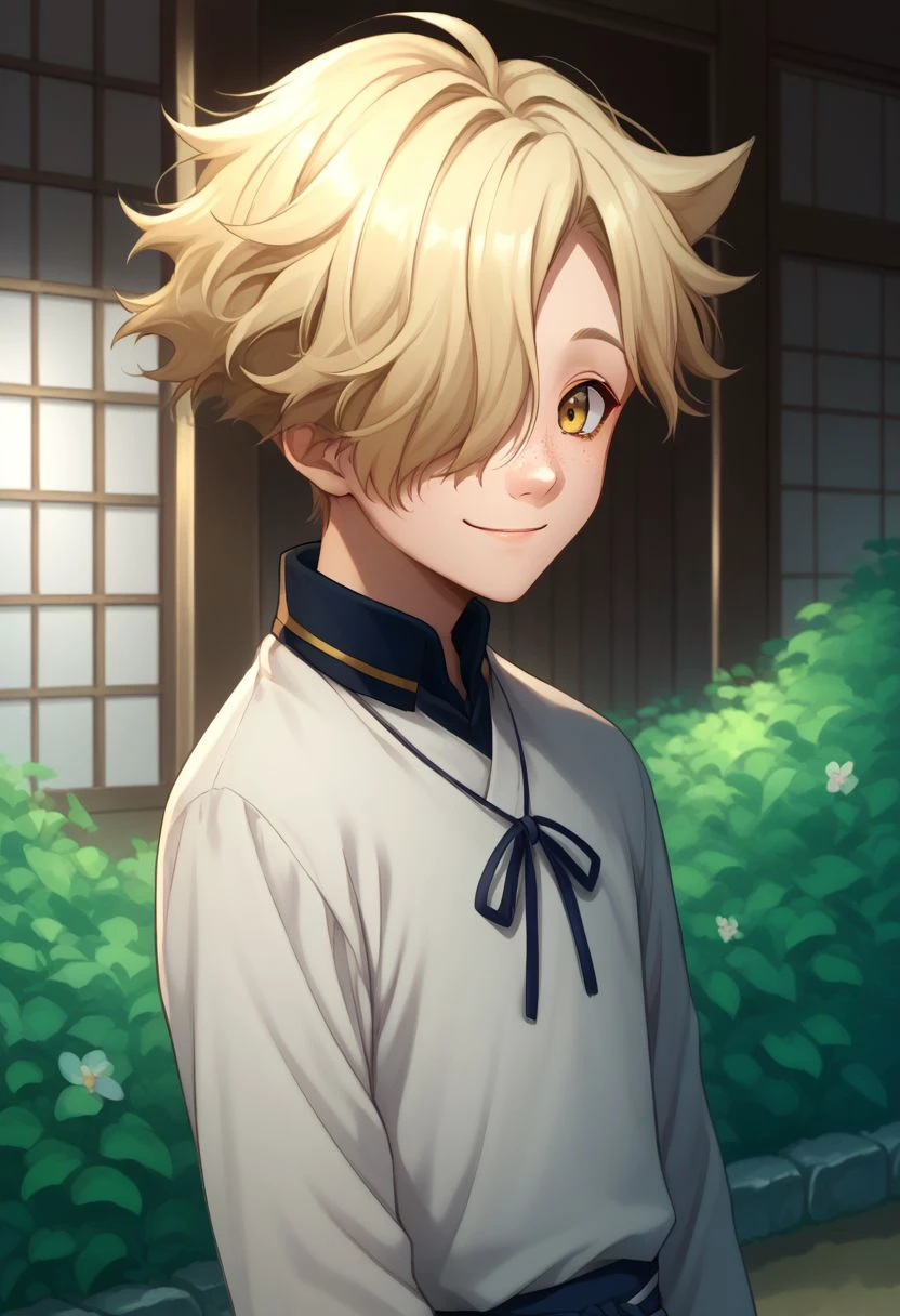 score_9, score_8_up, score_7_up, source_anime, highly detailed, 
gokotai, 1boy, male focus, solo, hair over one eye, freckles, yellow eyes, blonde hair,
upper body, smile, cute, pale,
outdoor, garden japanese,