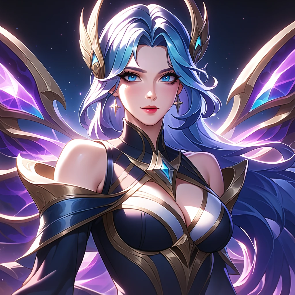 beautiful league of legends character as the dark knight's angel, long purple hair with white highlights and silver bangs, blue eyes, glowing golden wings with star patterns, wearing an elegant black dress with gold accents, surrounded swirling cosmic energy, unrealstyle, amazing quality, insane details