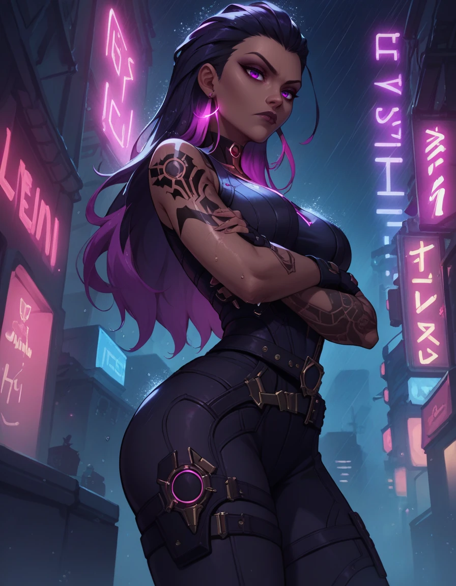 score_9, score_8_up, score_7_up,score_6_up, score_5_up, score_4_up , 1girl, solo, 
large breasts,
ReynaDG,
dark-skinned female, two-tone hair, long hair, purple hair, purple eyes, black hair, hair slicked back,
black bodysuit, black gloves, arm tattoo, glowing,belt,fingerless gloves, 
science fiction, neon lights, city, light particles, night,  rain, wet,
from below, 
expressionless, 
from side, crossed arms, thighs, 
 <lora:Reyna_PDXL-v01-000002:1>