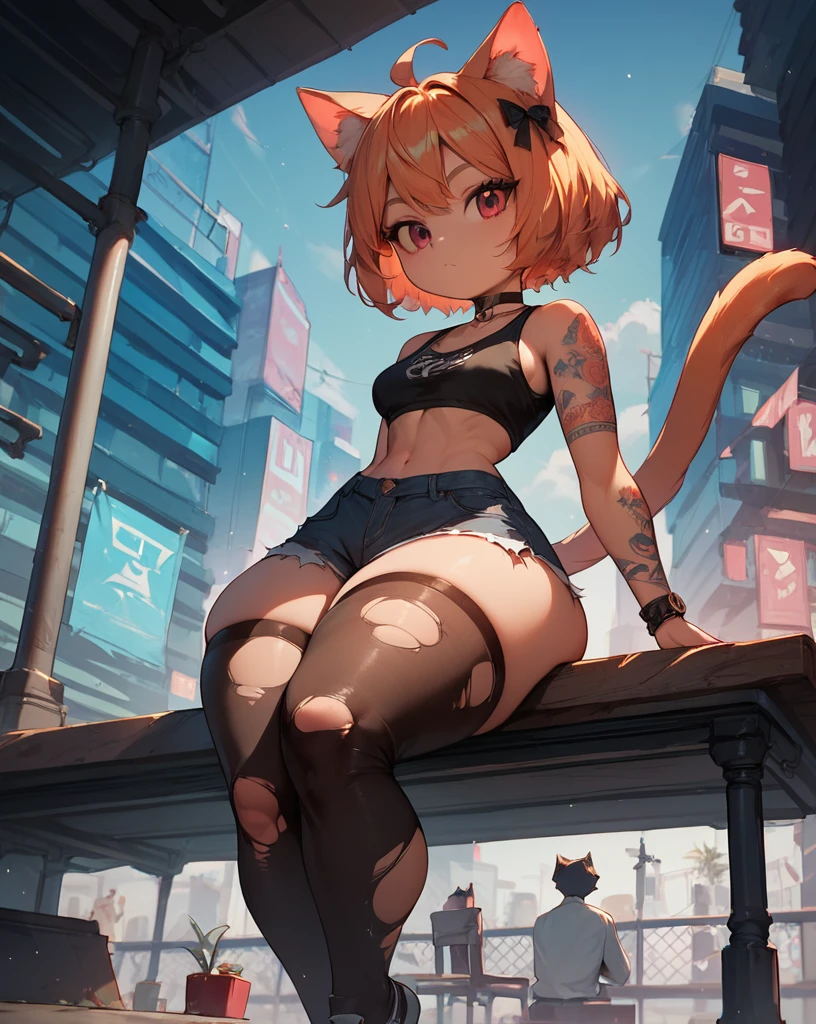 1girl, cat girl, short stack, sitting down on a city bench at night, huge ass, thick thighs, slender waist, wide hips, torn pants, black jeans shorts, tattoos, thighhighs, 
score_9,score_8_up,score_7_up, highres, masterpiece, <lora:Skin_Softener:0.6>, score_9,score_8_up,score_7_up,highres, masterpiece,