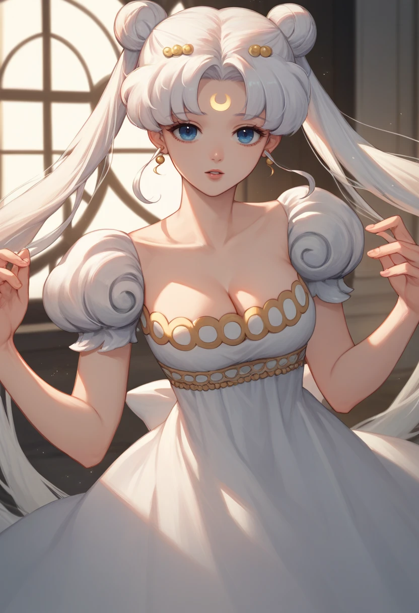 score_9, score_8_up, score_7_up, source_anime BREAK 1girl, solo, <lora:princessserenity-sm-richy-v1_pdxl:1> princessserenity, blue eyes, white hair, hair ornament, forehead mark, earrings, white dress, cleavage, puffy short sleeves, parted lips, looking at viewer,