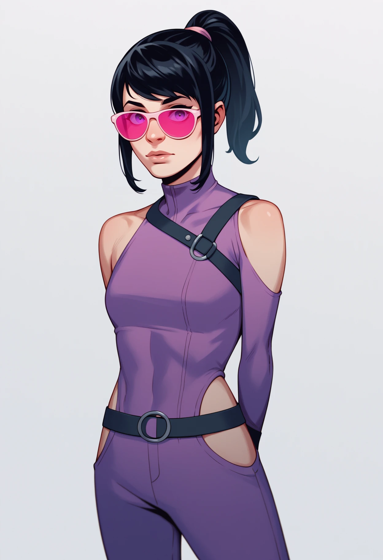 score_9, score_8_up, score_7_up, score_6_up, score_5_up, score_4_up, BREAK,
1girl, katebishop, black hair, ponytail, pink tinted sunglasses,
purple bodysuit, shoulder cutout, one-side sleeveless, belt, 
arms behind back, upper body, looking at viewer, solo, simple background, white background   <lora:KateBishopXL:1>