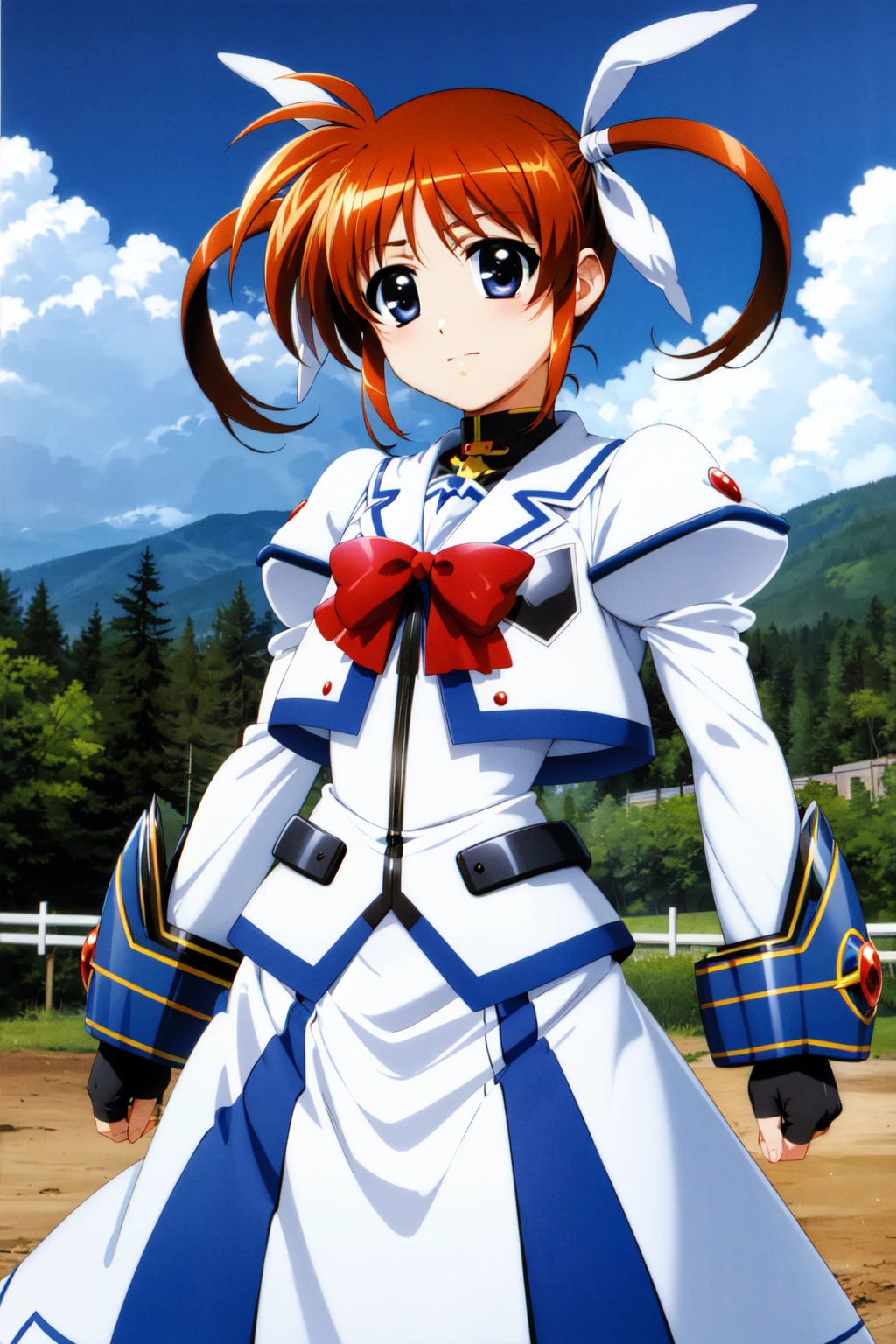 masterpiece, best quality, highres, aananoha, short twintails, hair ribbon, white ribbon, small breasts, magical girl, red bow, white jacket, white dress, puffy sleeves, long sleeves, fingerless gloves, black gloves, long skirt, <lora:takamachi_nanoha_v1:0.7>, standing, cowboy shot, outdoors