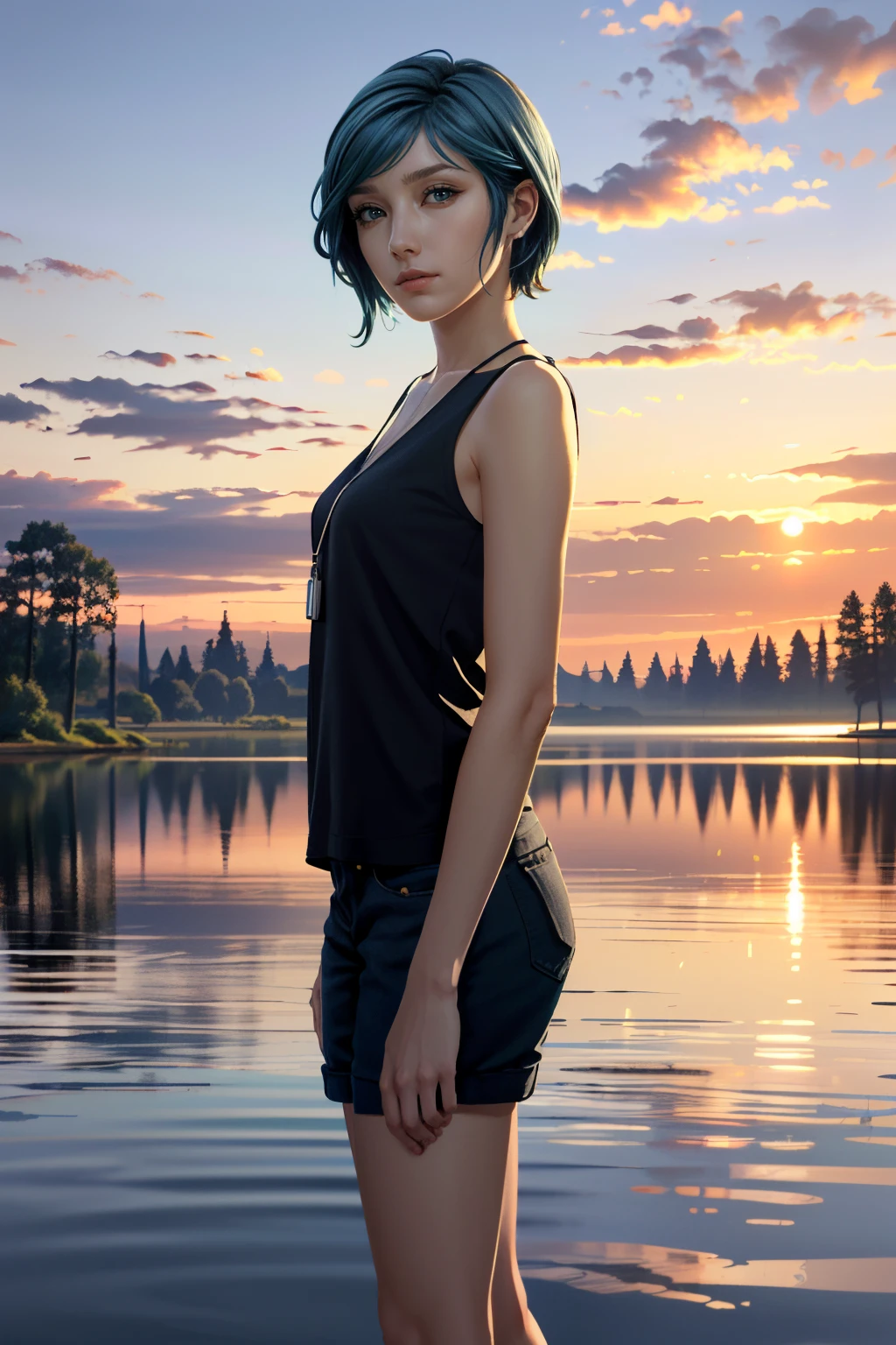 ((ultra detailed, masterpiece, absurdres))
 <lora:LISChloe:0.8>
LISChloe, 1girl, short hair, blue hair, looking at viewer, Sunrise over a tranquil lake, mirrored reflections, serene and peaceful