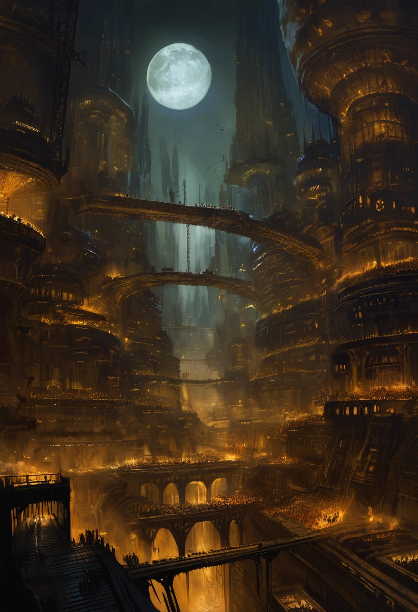 A digital painting of a hive city in the Warhammer 40k universe. The city is built on a series of platforms that are suspended in the air by massive chains. The platforms are covered in buildings, factories, and other structures, and they are connected by walkways and bridges. The city is lit by a variety of sources, including the sun, the moon, and the stars. The painting is done in a dark and gritty style, and it captures the feeling of a vast and oppressive city. By Mark Molnar.
expressive brushstrokes, grimdark, gritty, textured, extremely detailed, epic, detailed lines