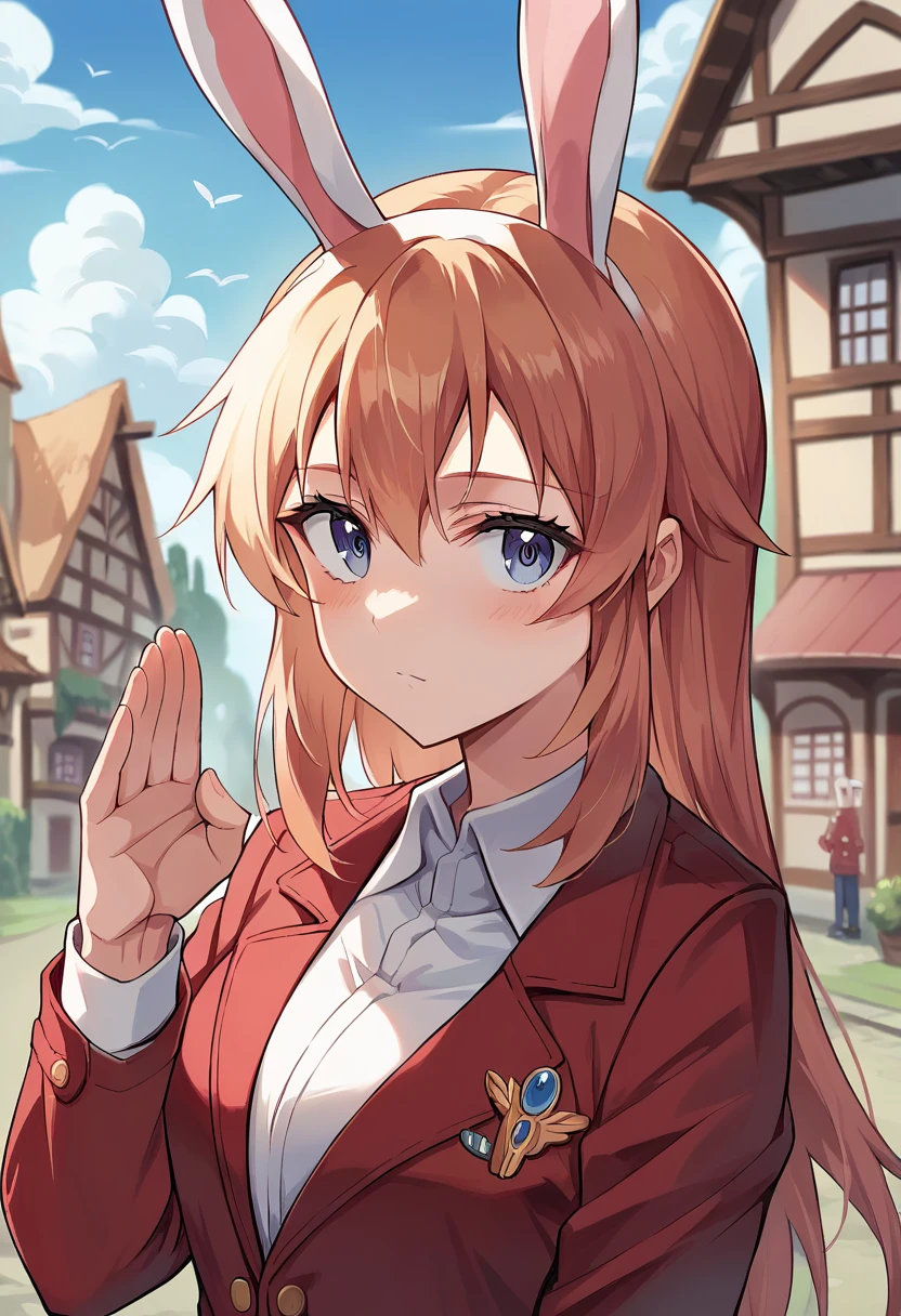 score_9, score_8_up, score_7_up, source_anime, masterpiece, 1girl, ctianshirley, long hair, red uniform, bunny ears, bunny girl, upper body, portrait, rabbit pose, looking at viewer, outdoors, town, <lora:Shirley_Strike_witches_pony_ct-000022:0.8>,