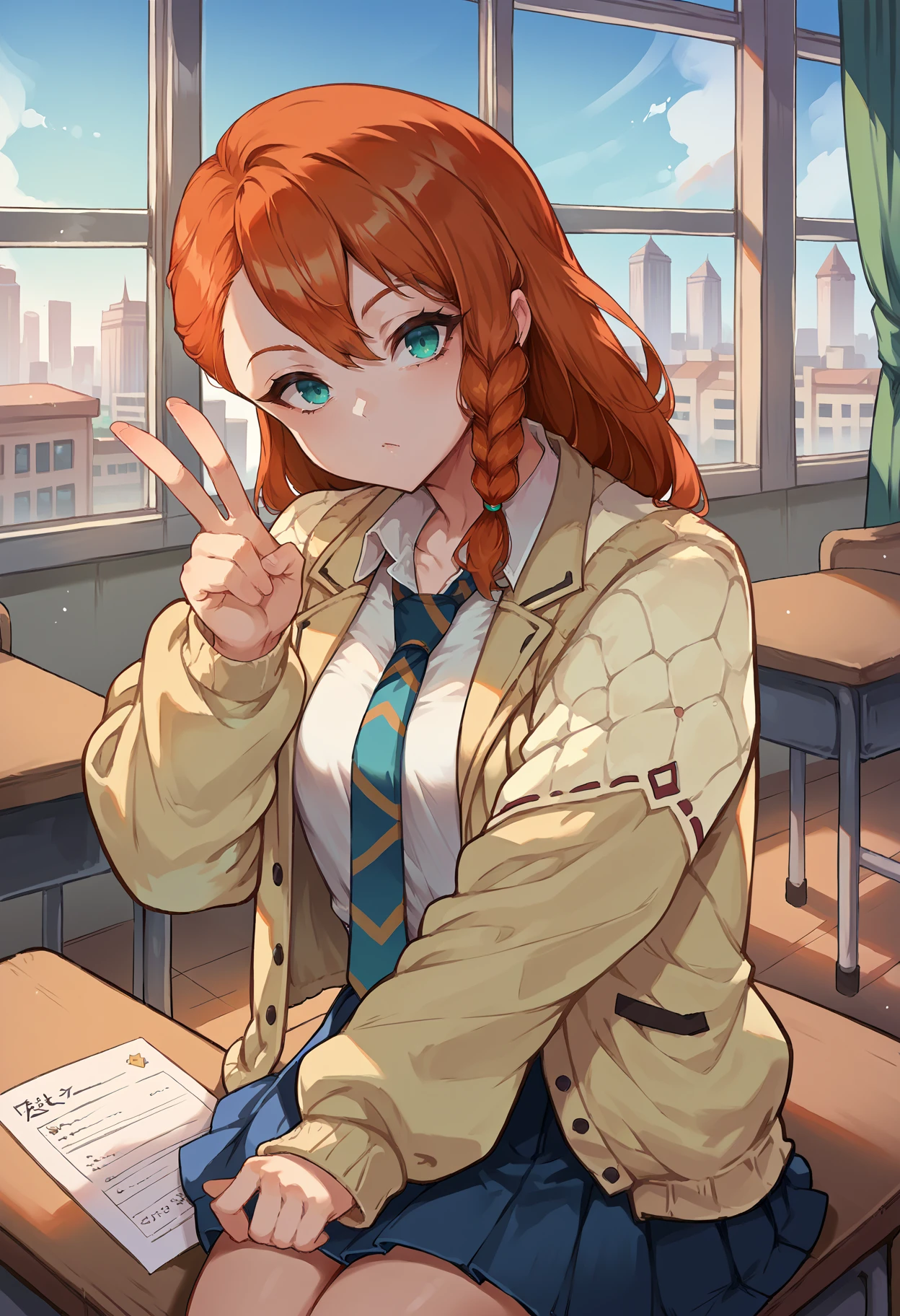 score_9, score_8_up,score_7_up, source_anime, rating_safe, 1girl, solo, <lora:EPmhrMinayle:1>, EPmhrMinayle, orange hair, long hair, braid,side braid, hair between eyes, aqua eyes, indoors, classroom, window, city,looking at viewer, sitting, on desk, v arms,uniform, emblem, beige jacket, white shirt, collared shirt, plaid necktie, necktie, pleated skirt, skirt,