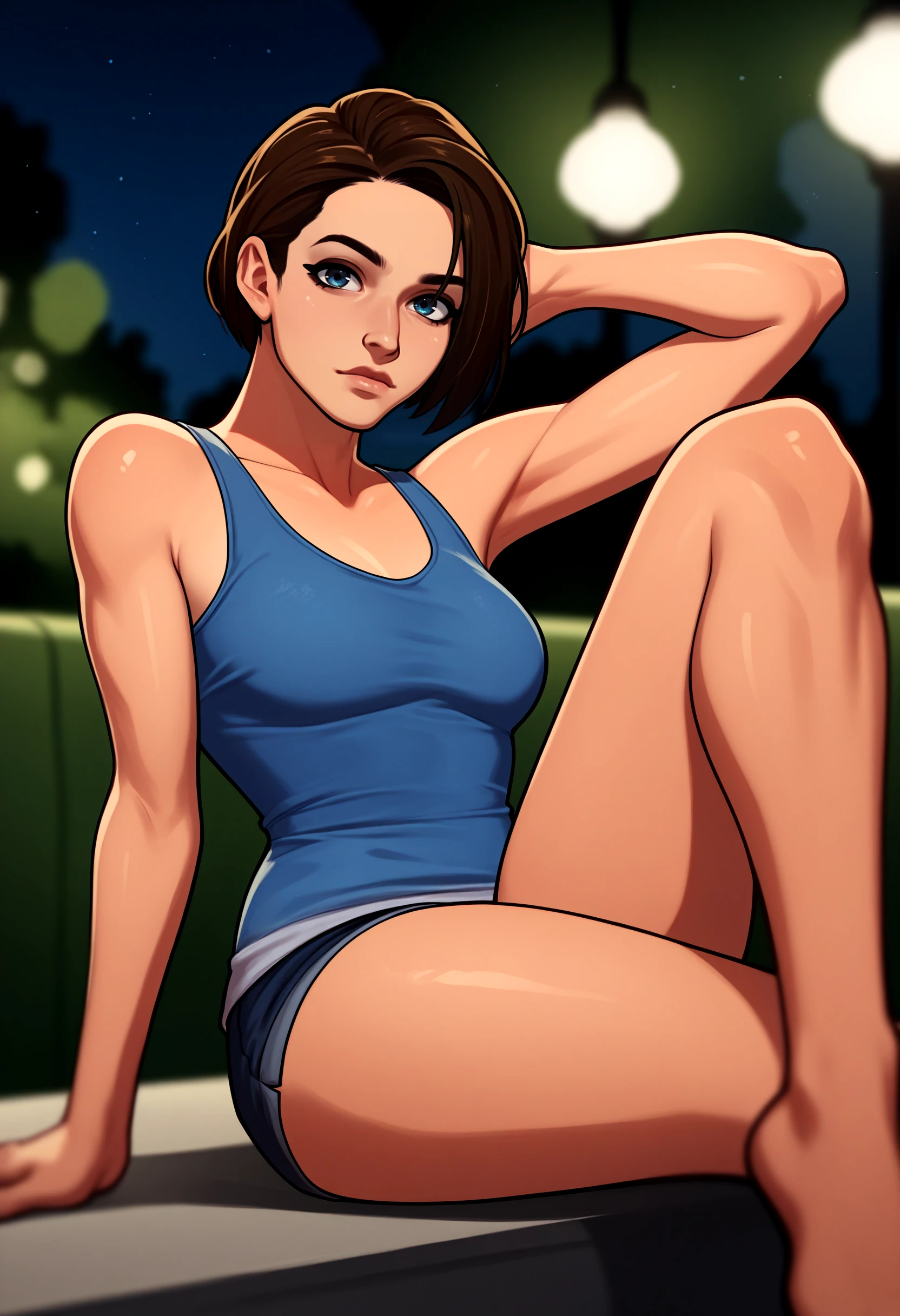 score_9, score_7_up <lora:mrpotatoparty-guy-PONY-DORAv1:1>, 1girl, solo, jill valentine, looking at viewer, sitting, knee up, depth of field, night, blue tank top